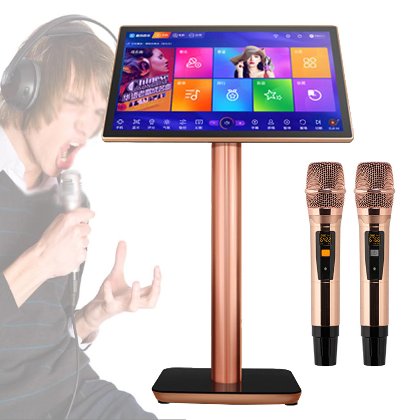 UWYTGF KTV Karaoke Machine - Karaoke Equipment with 2 Reverb Wireless Microphone, 19.5 Inch Touch Screen Karaoke Player for Home Party, Adjustable Music Mode (Black 4TB)