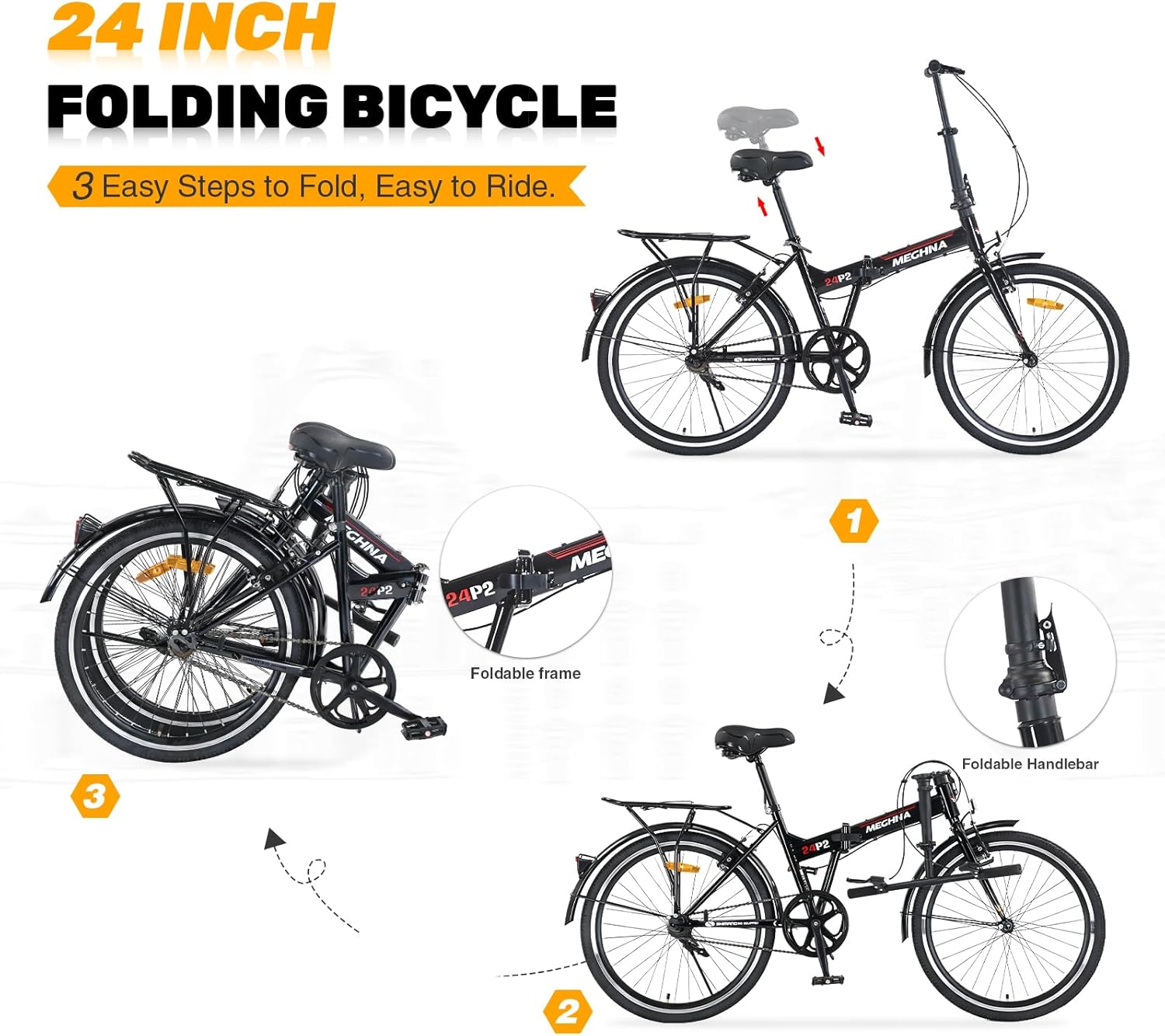 WEEROCK 24 Inch Folding Bike, Single Speed/ 7 Speeds 24" Foldable Bicycle, Steel Frame V Brakes 24x1.5 Bicycle Tires for Adult, Men, Women, Students