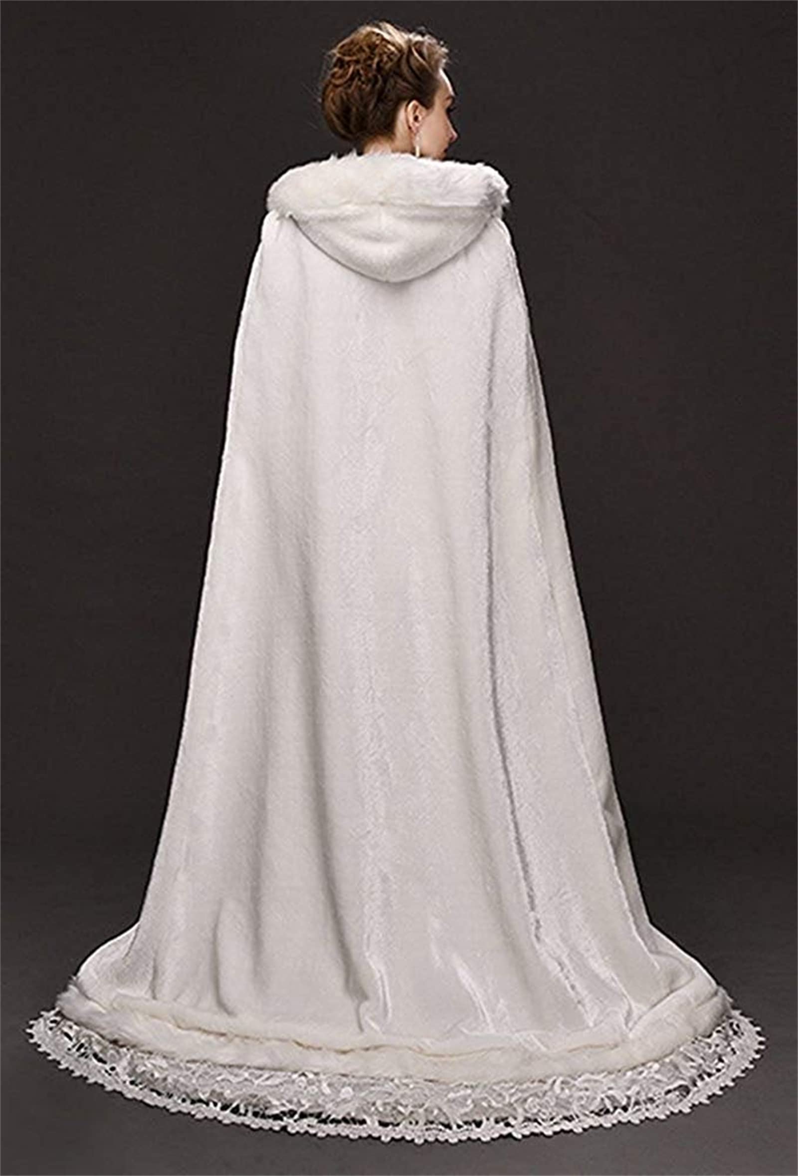Mantello da sposa bianco con cappuccio in pelliccia sintetica mantello da sposa invernale da donna Poncho lungo bianco con bordo in pelliccia