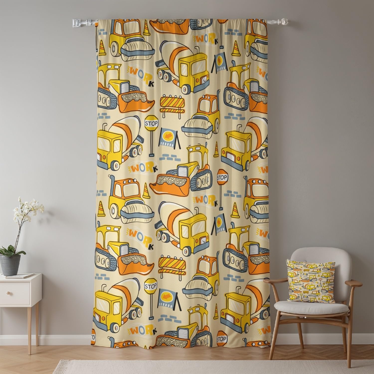 ggaimwf 107x160cm Cartoon Truck Rod Pocket Curtain Excavator Cars Urban Traffic Pencil Pleat Curtain Light Filtering Privacy Window Drapes for Kids Boys Bedroom Living Room Playroom,Single Panel