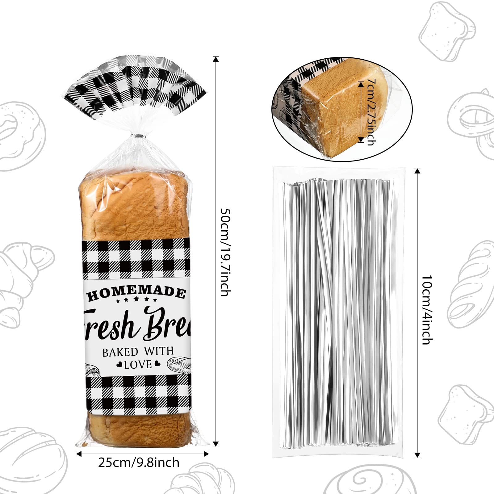 100 bolsas de pan caseras con lazos, bolsas de pan a cuadros negros de búfalo negro, almacenamiento de regalo transparente para el hogar, panadería, panadería, Navidad, 10 x 20 pulgadas 2