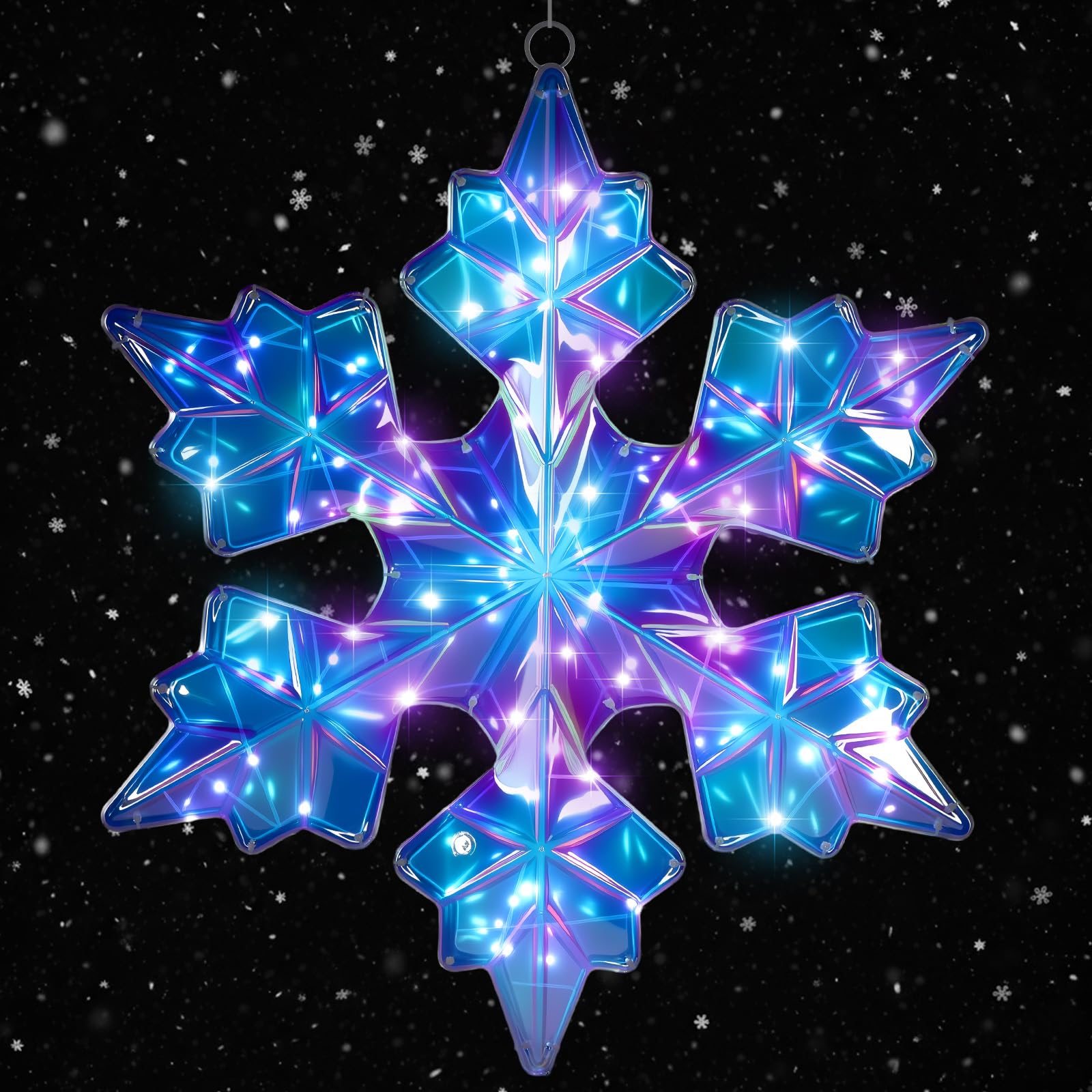 Nuanchu Grande guirlande lumineuse de Noël en forme de flocon de neige de 63,5 cm pré-éclairée à 155 DEL à suspendre pour grande fenêtre, lumières prismatiques irisées, imperméables pour Noël, maison