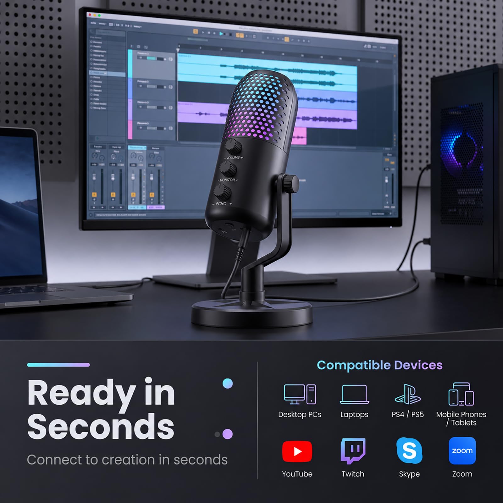 SINWE Micrófono para juegos con cancelación de ruido y control de ganancia, micrófono USB para PC, para streaming, juegos, podcasts, PC, PS4, incluye silencio rápido e iluminación RGB