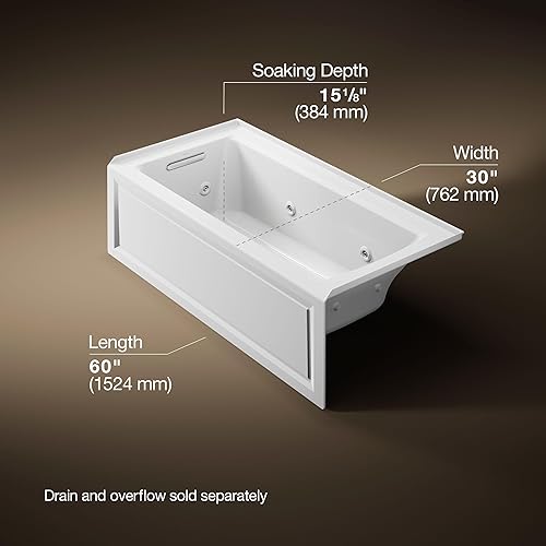 Miniatura 3 de KOHLER K-1947-HLA-0 Archer 60" x 30" Alcove Whirlpool con delantal integral, brida de azulejos, calentador y drenaje izquierdo, blanco