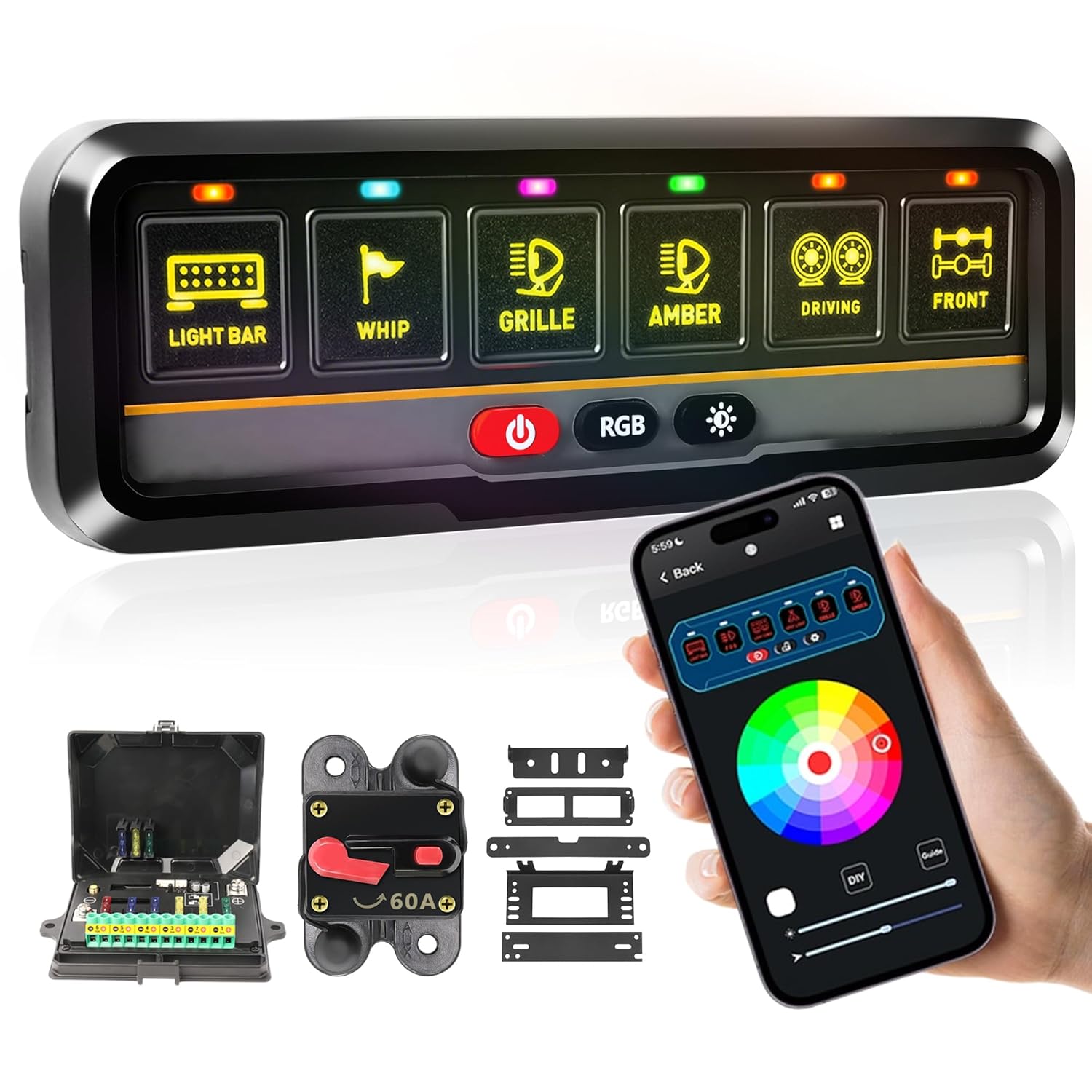 6 Gang Switch Panel - Bluetooth RGB Switch Pod with App Control - Universal 12V/24V Relay for LED Lights & Accessories, Memory Auto-Dimming for Car, Truck, SUV, RV, Jeep, Off-Road, Marine Boat