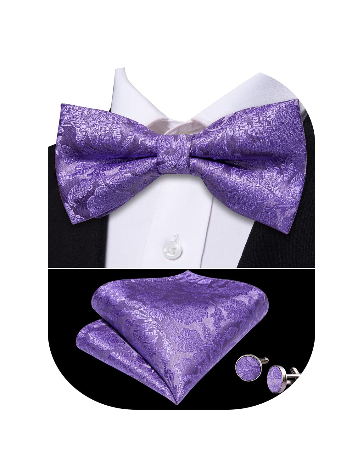 Barry.WangMens Bowties Solid Color Paisley Pre-Tied Satin Bow Tie Set Handkerchief Cufflink Wedding Business