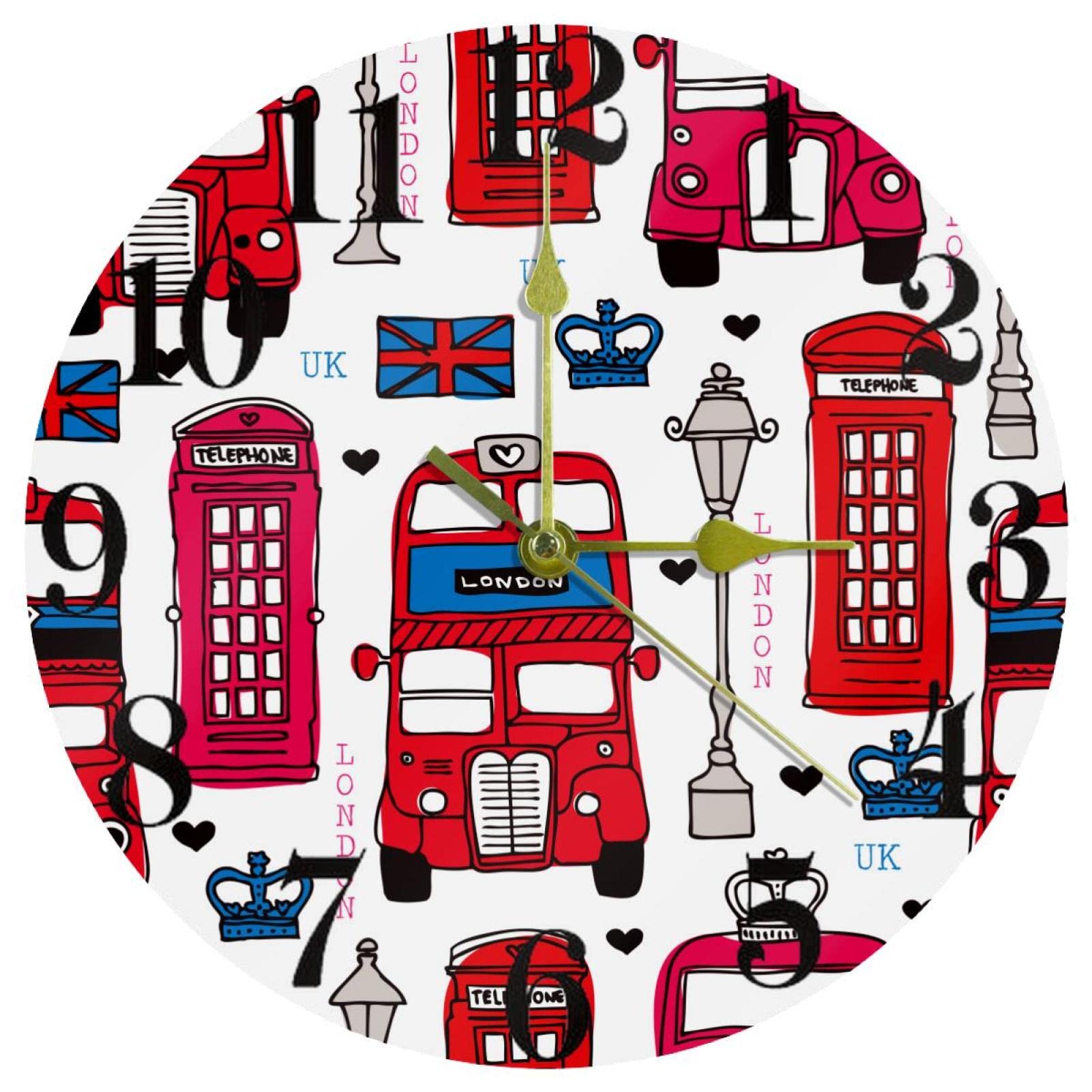 Horloge murale silencieuse à quartz London Love UK sans tic-tac pour cuisine et chambre