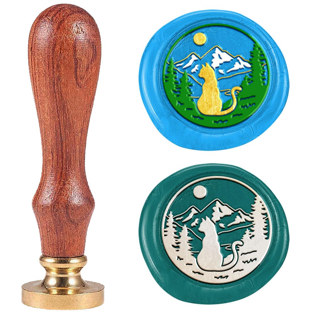 DELORIGIN Mountain View Cat Wax Seal Stamp Embossed Stamp Sealing Removable 1" Brass Wax Seal Stamp Head with Wooden Handle Sealing Wax for Birthdays Invitations Greeting Card Party Envelopes Craft