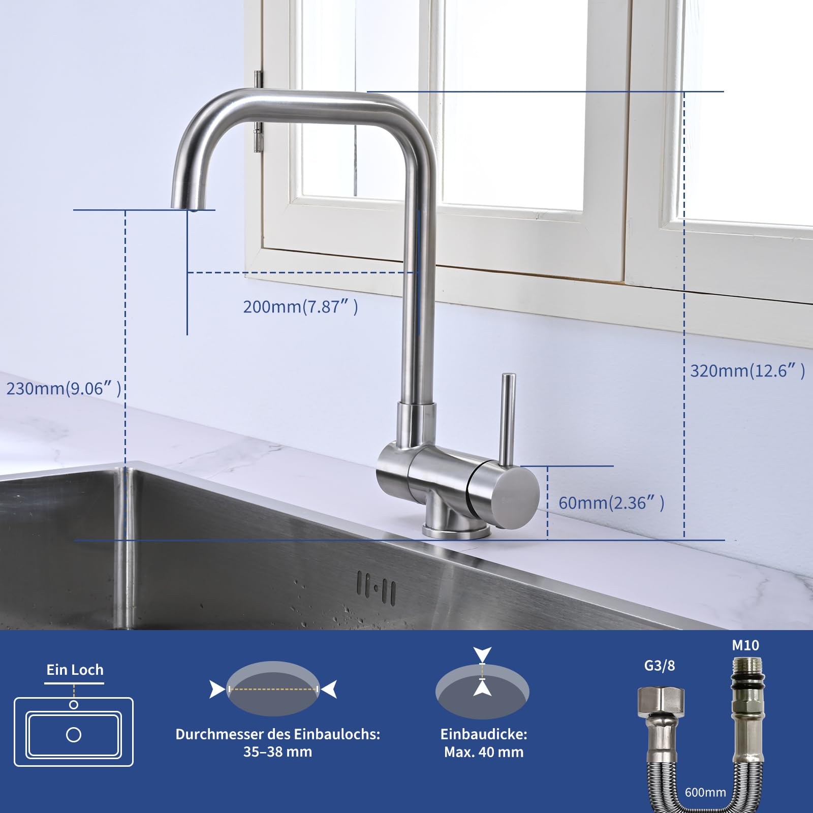 Vorfenster Küchenarmatur Klappbar BuntHaus, 360° Küchenarmatur Gebürstetem | Wasserhahn umklappbar schwenkbar, Wasserhahn Unterfenster, Spültischarmatur Vorfenster, Edelstahl