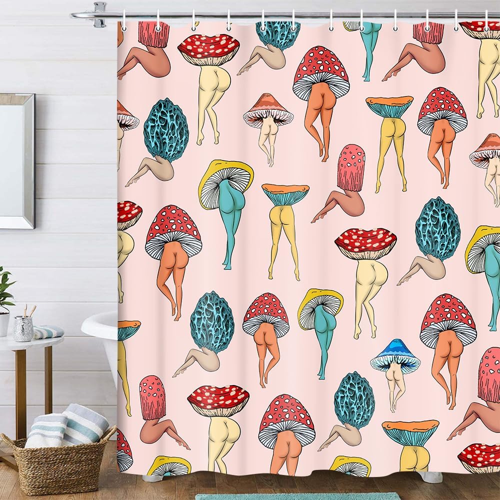 Funny Mushroom Butt Shower Curtain, Fun Cute Sexy Butt 70S 80S Fabric Shower Curtains for Bathroom Hippie Psychedelic Aesthetic Colorful Unique Cool Cloth Black Shower Curtain with 12 Hooks 70X75IN