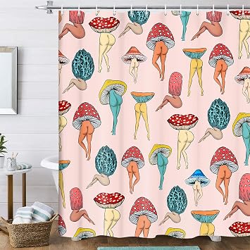 Funny Mushroom Butt Shower Curtain, Fun Cute Sexy Butt 70S 80S Fabric Shower Curtains for Bathroom Hippie Psychedelic Aesthetic Colorful Unique Cool Cloth Pink Shower Curtain with Hooks 47X64IN