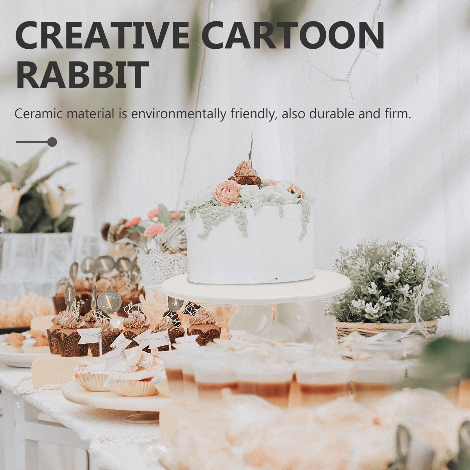 Ceramic Easter Bunny Ceramic Cake Stand Decorative Rabbit Cupcake Stand Round Dessert Display Tray Pie Serving Plate for Shower Wedding Birthday White Bunny Cake Stand