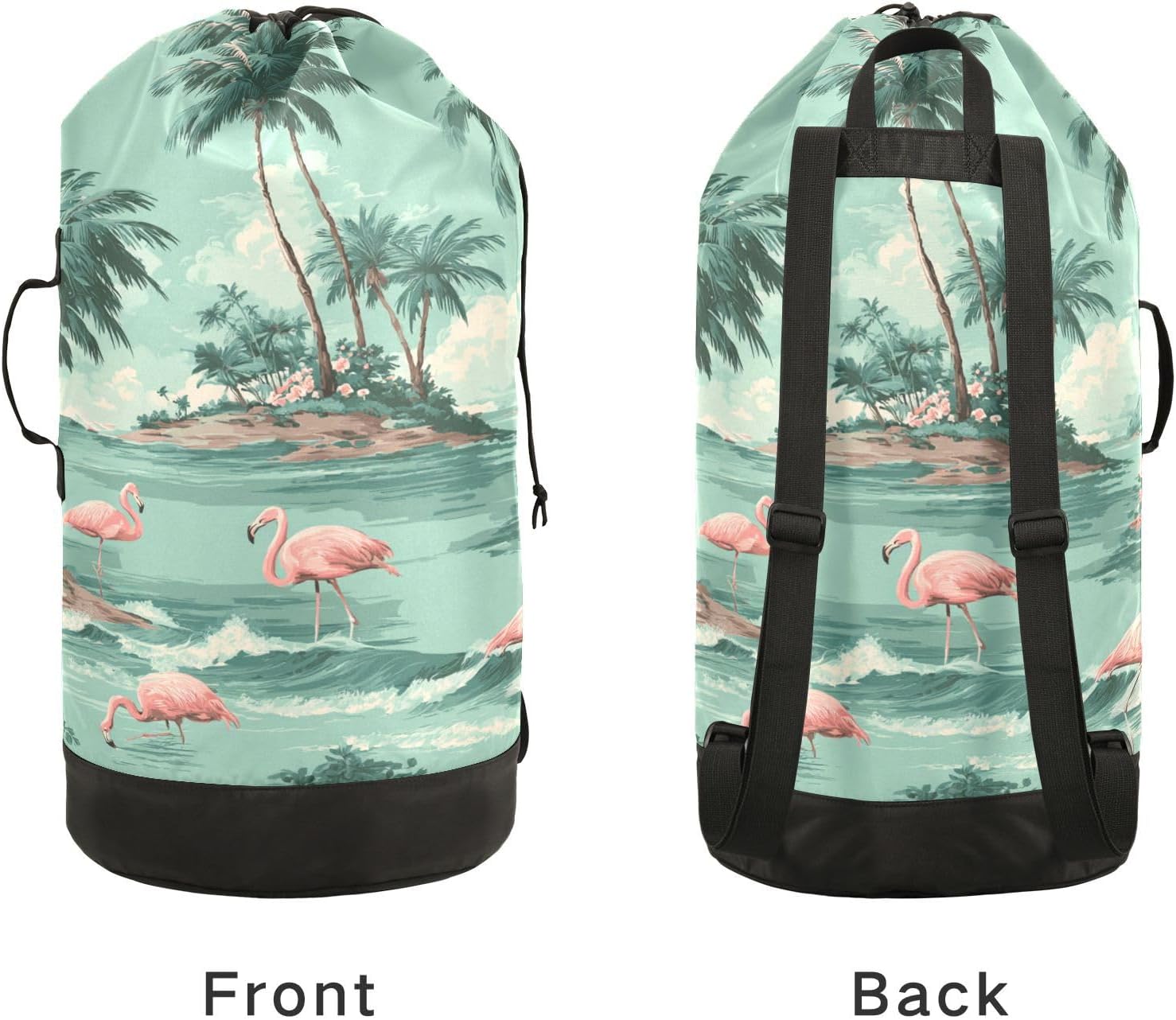 Island Green Flamingos and Palm Trees Laundry Bag Backpack Travel Laundry Bags with Shoulder Straps Durable Oxford Large Hanging Hamper Bag College Laundromat Apartment