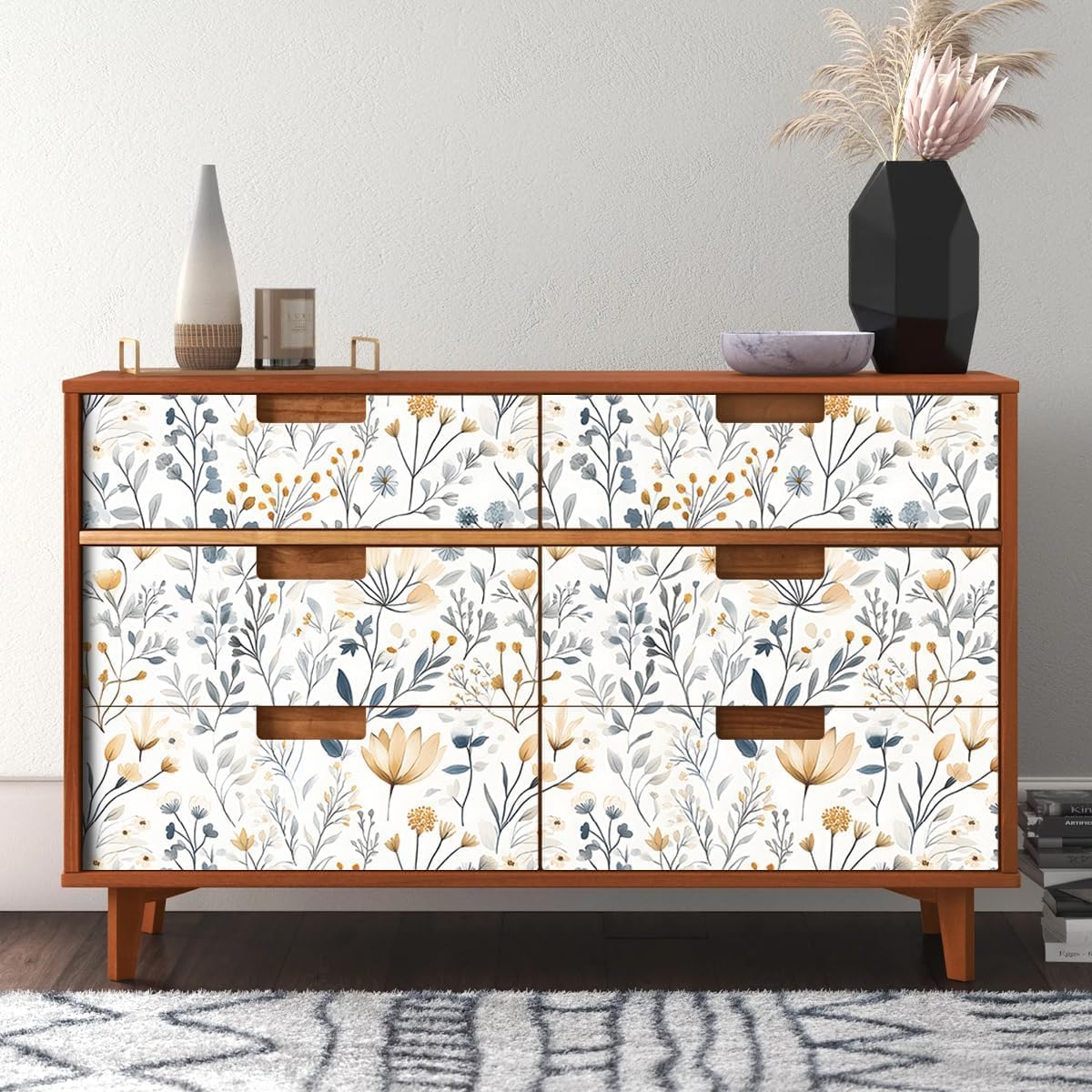 Blue Grey Minimalist Floral Wallpaper 17.71"x236.2" Peel and Stick Wall Paper Vinyl Waterproof Vinyl Matte Wallpaper Orange Flower Removable Self-Adhesive Contact Paper for Bedrooms, Kitchens image 4