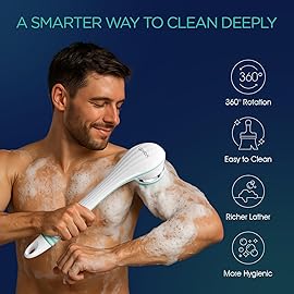 VOYOR Electric Body Brush Back Scrubber for Shower Rechargeable Exfoliating Bath Brush Powered Shower Brush with Non-Slip Long Handle Deep Cleansing, Exfoliation, Massaging Spin Brush BC100 (Pink)