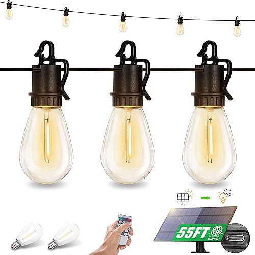 Tira de luces solares de 55 pies para exteriores, impermeable, funciona con energía solar, luces de patio con 16 enchufes inastillables, tira de