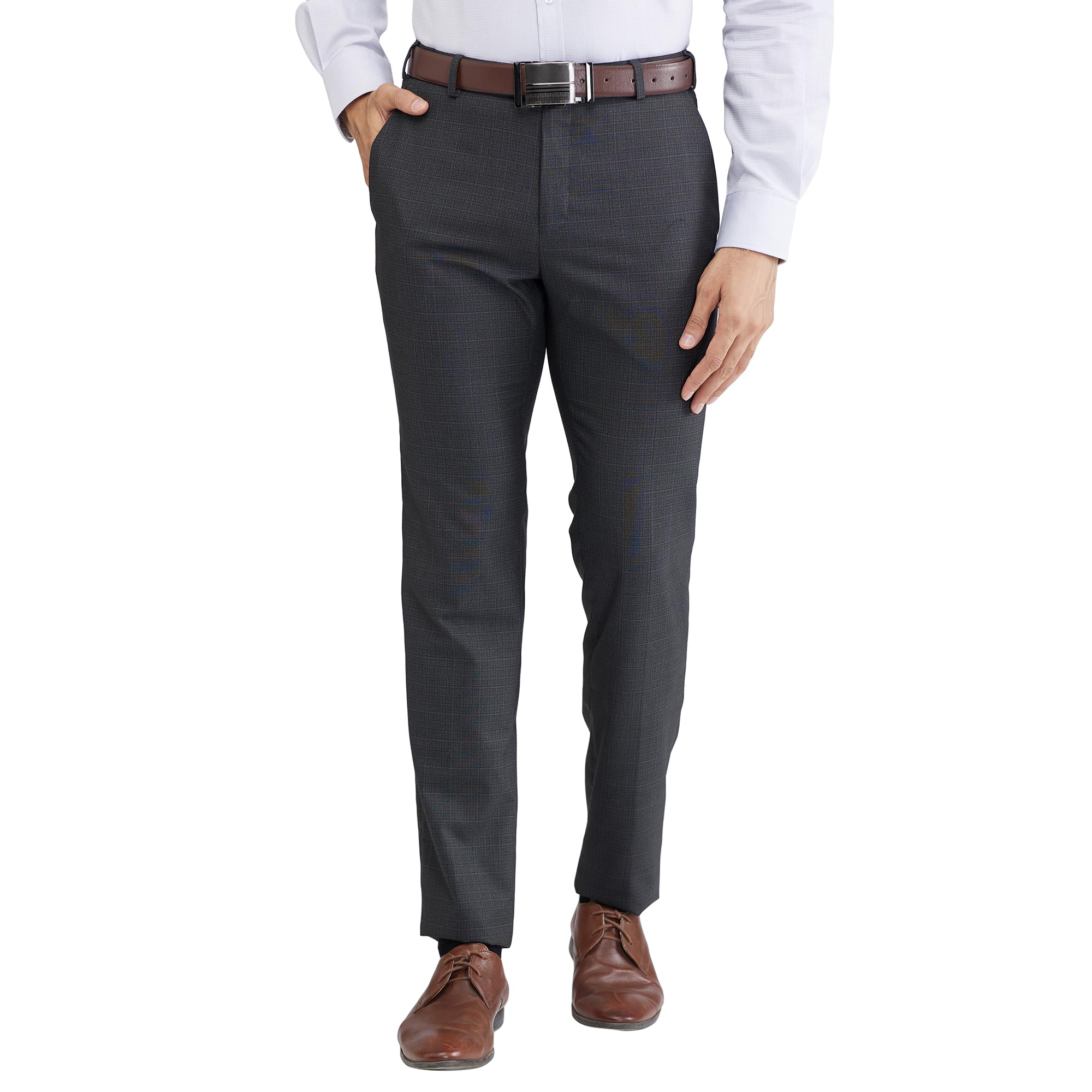 raymond Men's Mid Rise Slim Fit Checks Pattern Poly Viscose Blend Flat Front Formal Trouser-picture-24