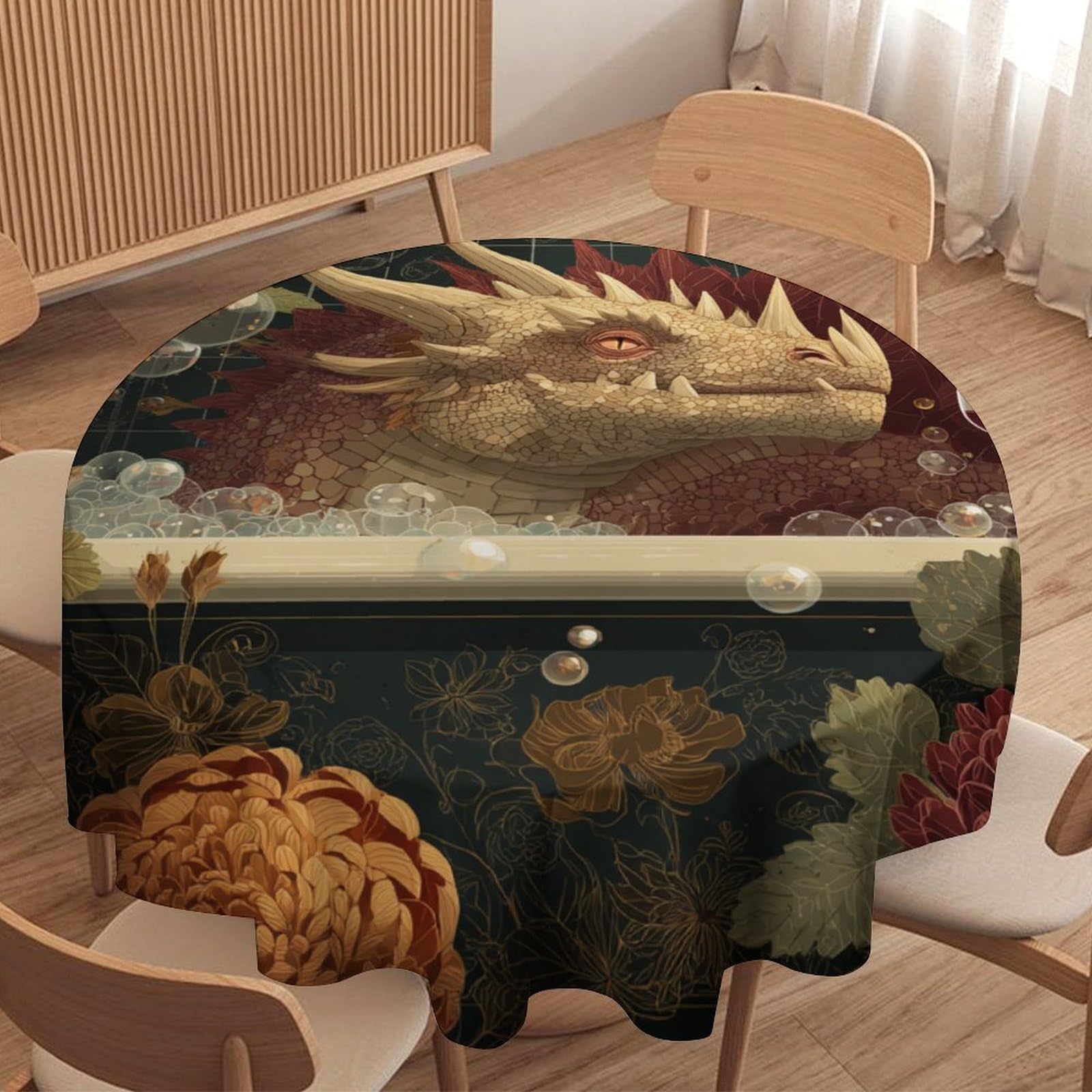 LUYYSKY Modern Cool Dragons Waterproof Round Tablecloth Retro Rustic Bathroom Art Fantasy Animal Dragons Flowers Washable Table Cover for Kitchen-127 Wx127 L cm