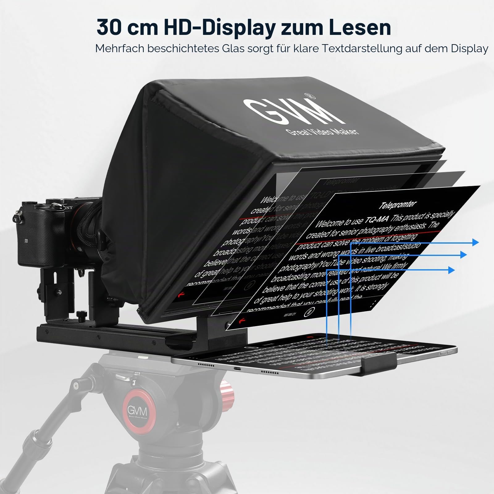 GVM 12" Teleprompter mit Fernbedienung und App, zusammenklappbarer Teleprompter für Pad Tablet, Telefon, DSLR Kamera, Prompter mit Tragetasche, reflektierendes HD Display, für Videoaufnahmen/Vlogger