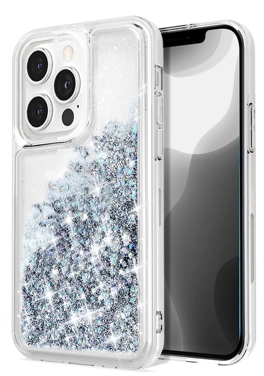 Compatible with iPhone 13 Pro Case,Clear Bling Flowing Liquid Floating Sparkle Colorful Glitter Waterfall TPU Protective Phone Case Compatible with iPhone 13 Pro [6.1 Inch 2021], Silver
