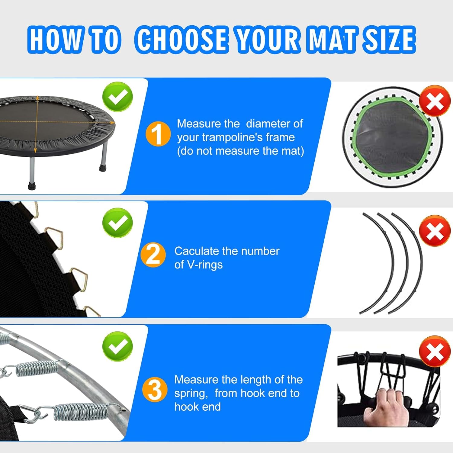 Trampoline Mat Replacement Fits 10FT/14FT/15FT Frames for Choose, Trampoline Mat with 54/80/96 V-Rings and w/Spring Tool, Not Include Spring