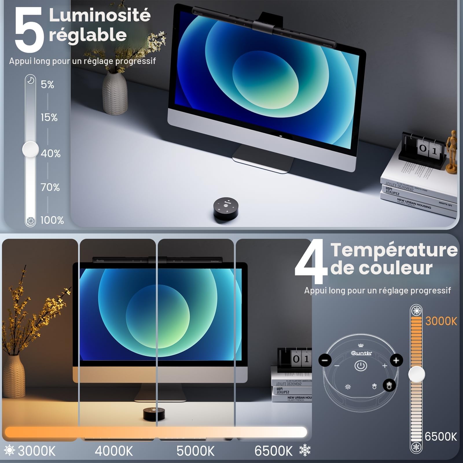 Quntis Lampe Ecran PC avec Télécommande Double Réglage, Lumière Ecran Réglable Gradation Automatique, LED USB Lampe d'Ordinateur 40CM Monitor Light Bar Eclairage pour Bureau Gaming