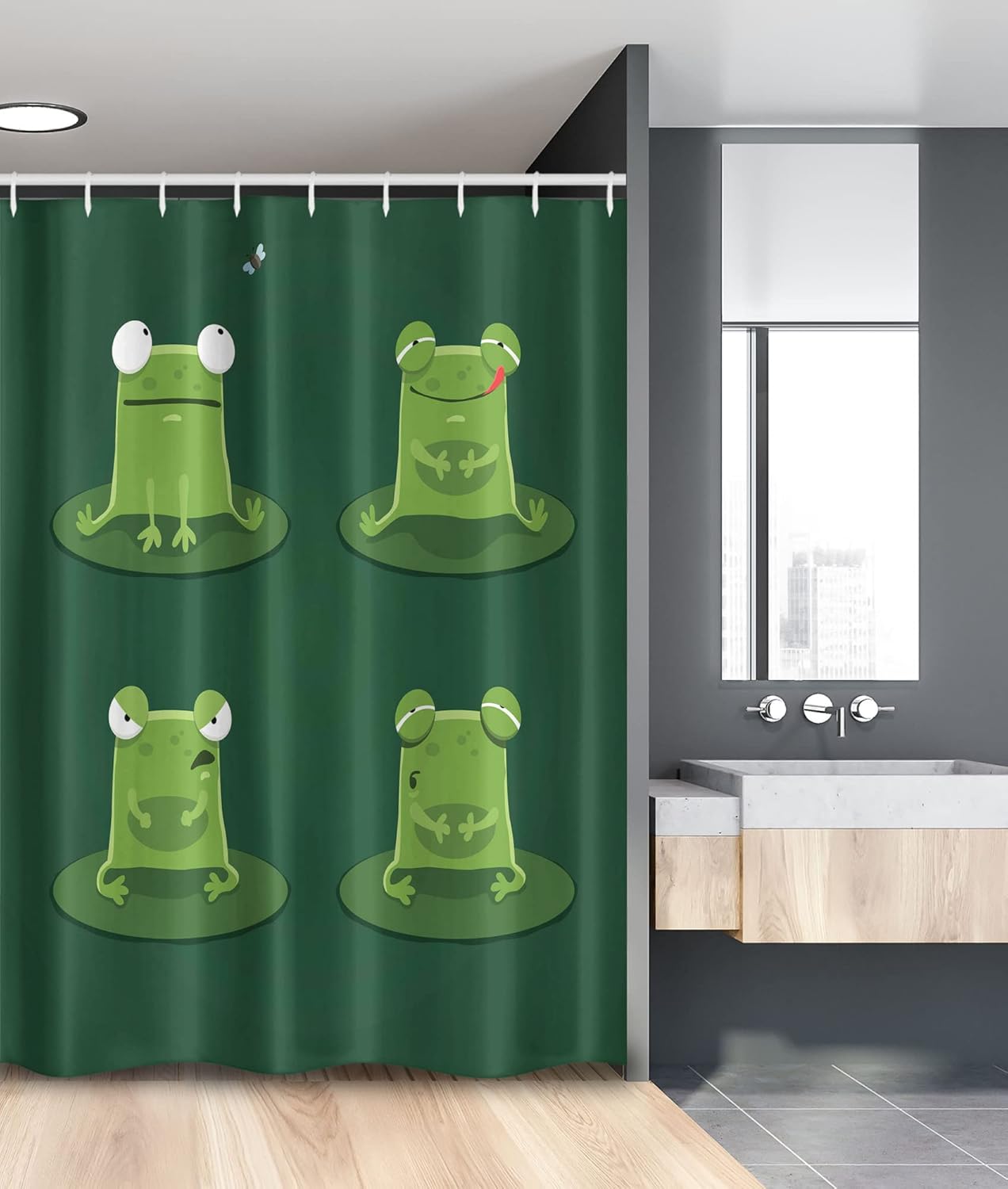 Ambesonne Funny Stall Shower Curtain, Funny Muzzy Frog on Lily Pad in Pond Hunting Tasty Fly Expressions Cartoon Animal, Fabric Bathroom Decor Set with Hooks, 54" W x 78" L, Hunter Green