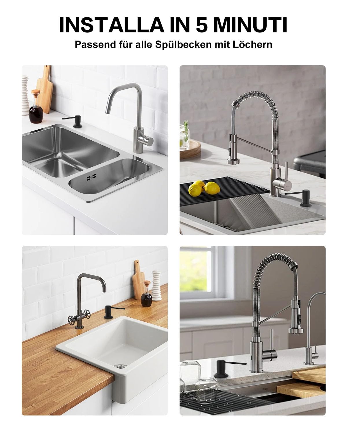 Seifenspender Schwarz Matt, Seifenspender Küche Einbau für Spülbecken, Spülmittelspender Küche mit 300ML Flasche und 1,2 m Schlauch, Seifenspender aus Kupfer, Oben Befüllen, Edelstahlmuttern