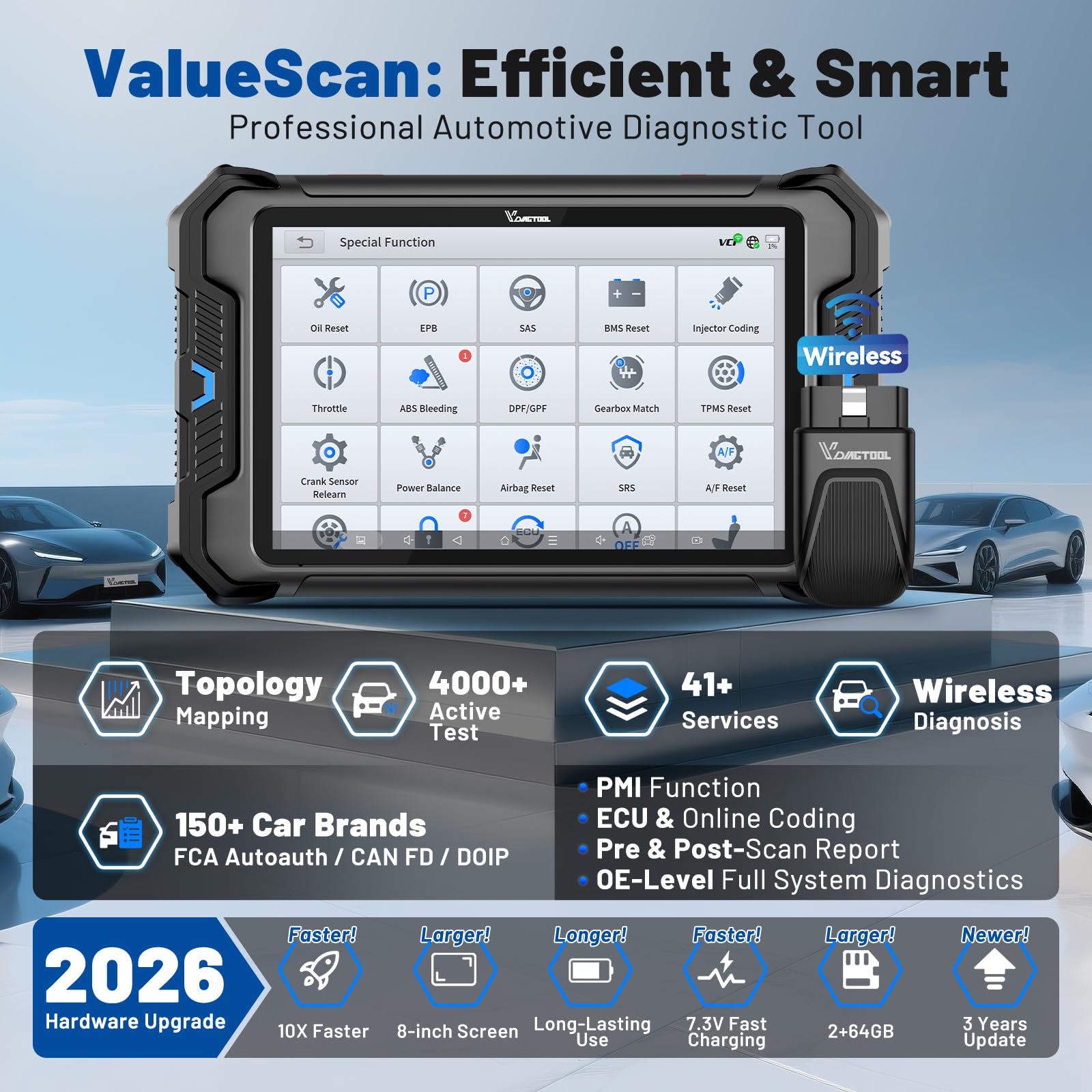 Bidireccional Diagnosis Coche VDIAGTOOL VD80 BT, Escáner OBD2 con mapeo de topología, OBD2 diagnóstico Todo Sistema y 42+ Reinicio, programación ECU, FCA, Can FD/DoIP y 3 años de actualizaciones