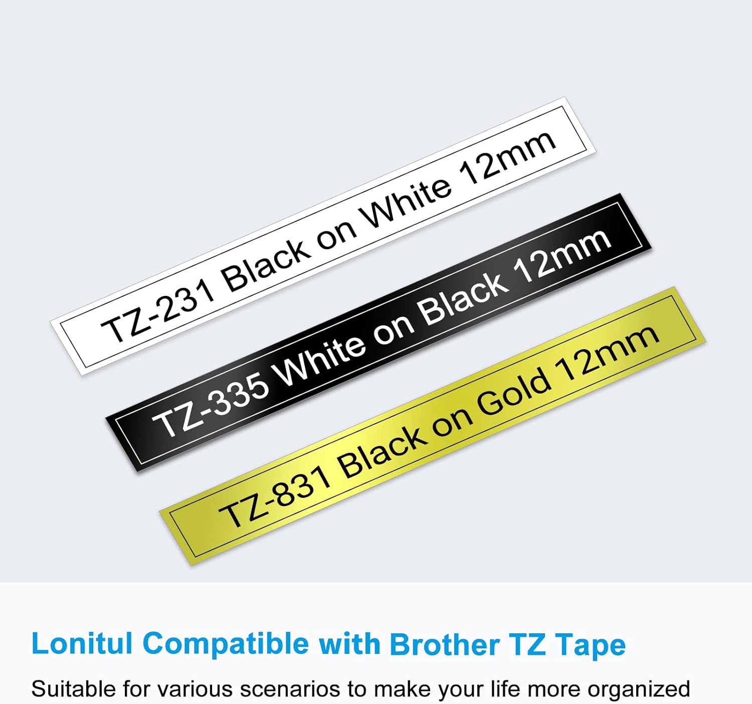 3-Pk 12mm TZ Labels Tape Compatible with Brother Ptouch TZe-231 335 831 Label Maker Tape 12mm 0.47" Laminated White/Black/Gold, Work for Brother Ptouch Label Maker PTD200 PTD400 PT1280 PT1880 - Image 3