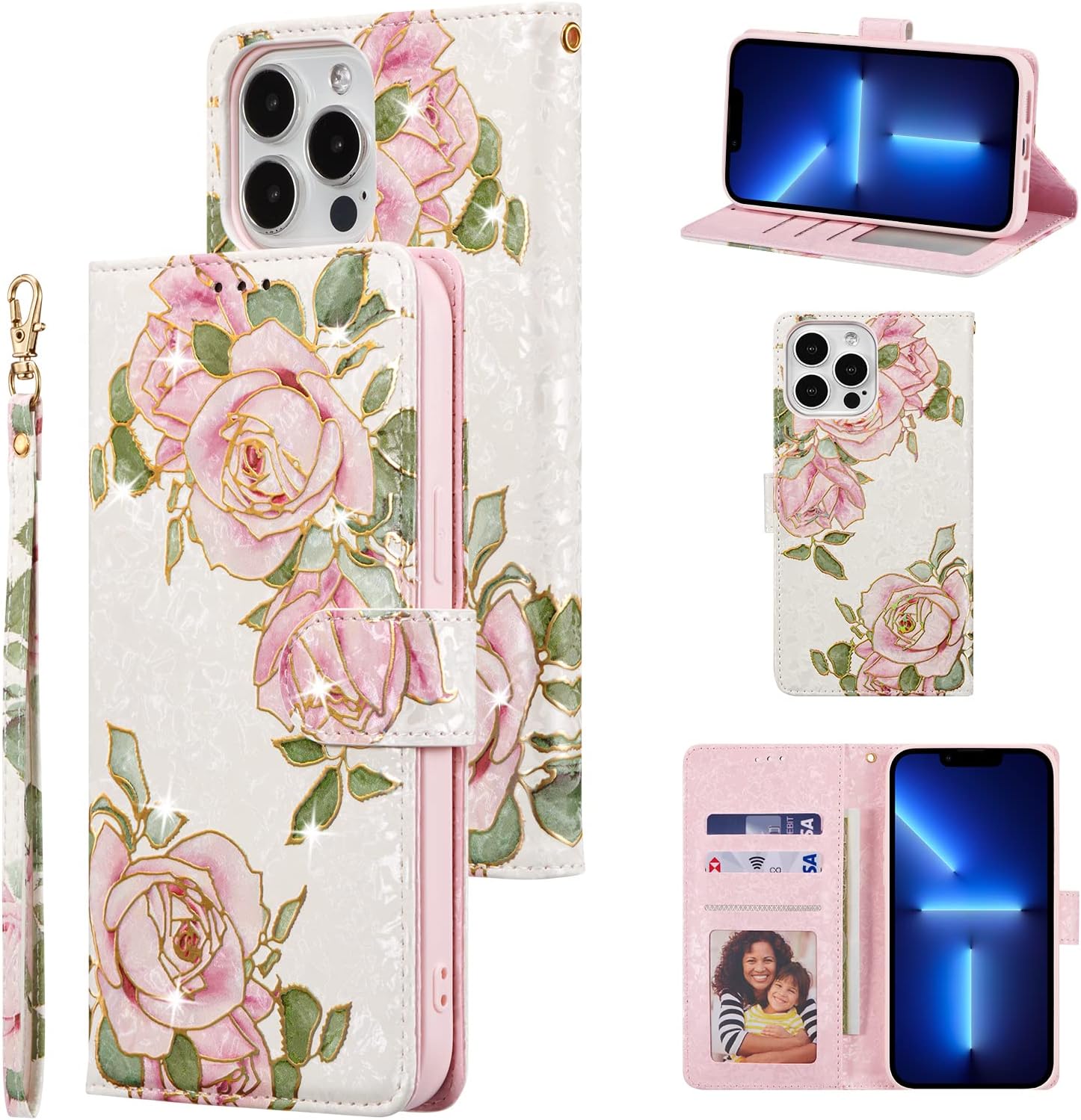 UEEBAI Wallet Case for iPhone 13 Pro Max 6.7 inch, PU Leather Case Kickstand RFID Blocking Flip Case Card Slots Wrist Strap Relief Engraved Pattern Magnetic Closure Flower Folio Case, White Rose