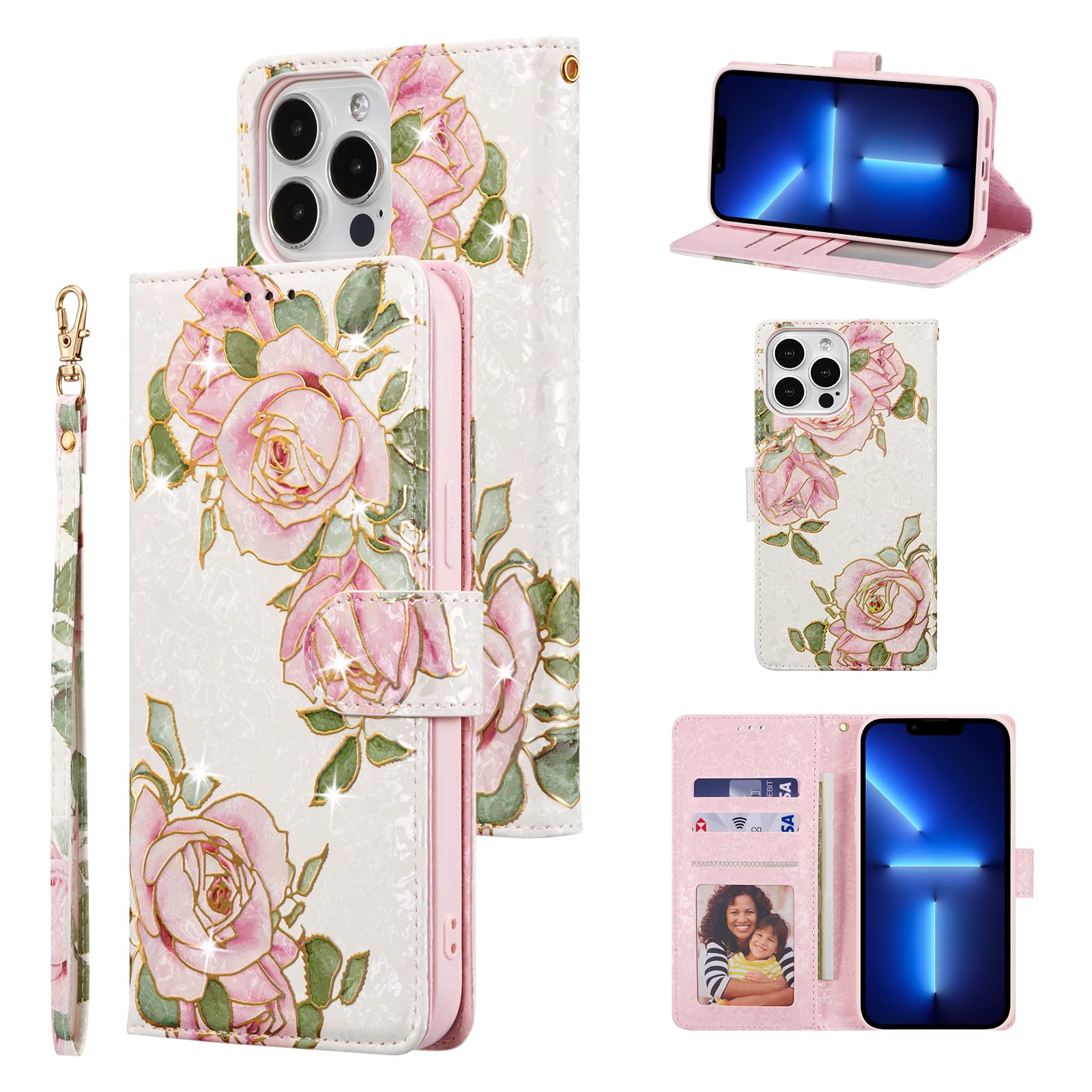 UEEBAI Wallet Case for iPhone 16 Pro Max, PU Leather Phone Cover Kickstand RFID Blocking Flip Case Card Slots Wrist Strap Relief Engraved Pattern