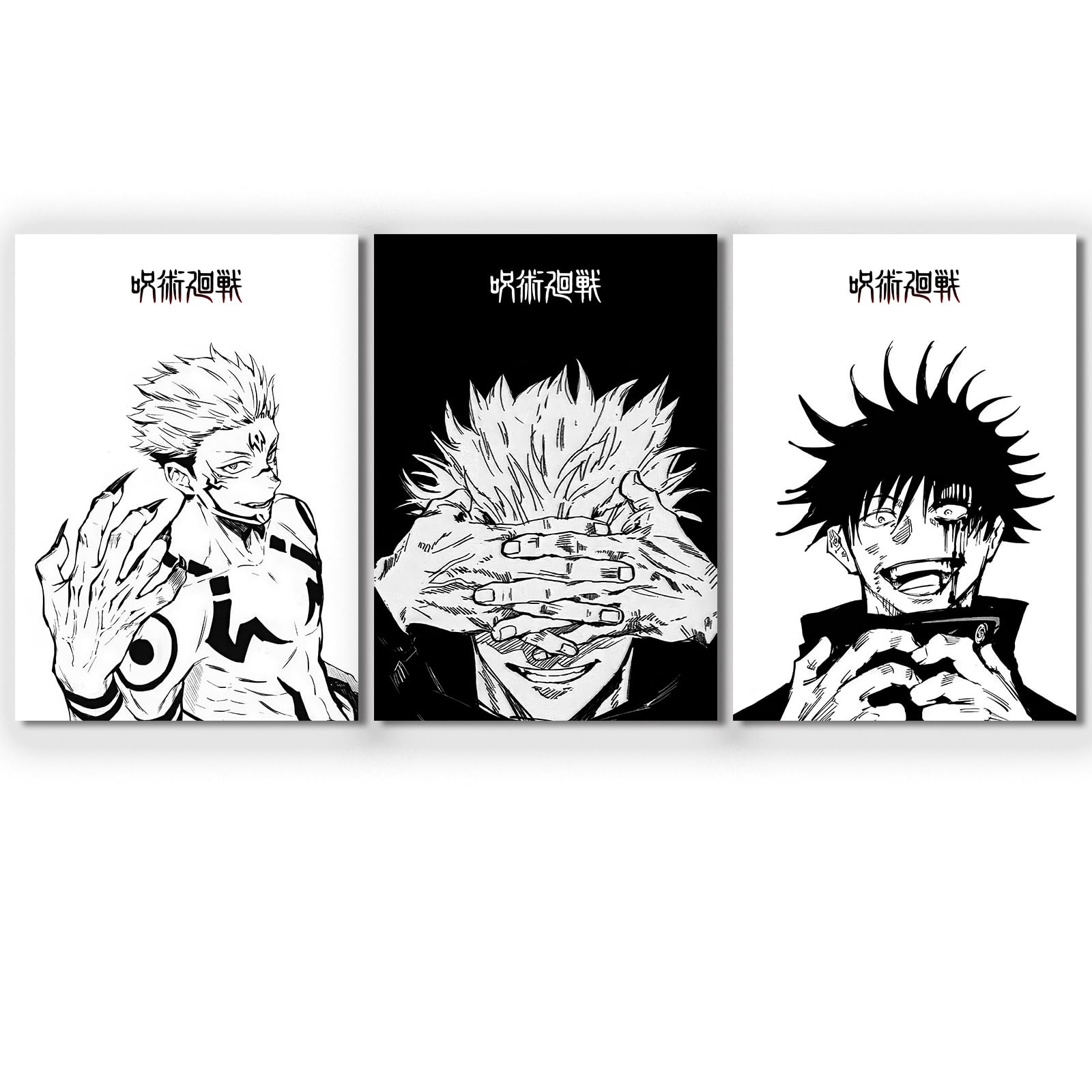 Hannahcos 3 Piece Japanese Anime Poster, Jujutsu Kaisen Canvas Wall Art, Gojo Satoru Black and White Manga Art Kinji Hakari Print Painting for Room Decor Anime Artwork Fan Gift 12‘’x16‘’ Unframed