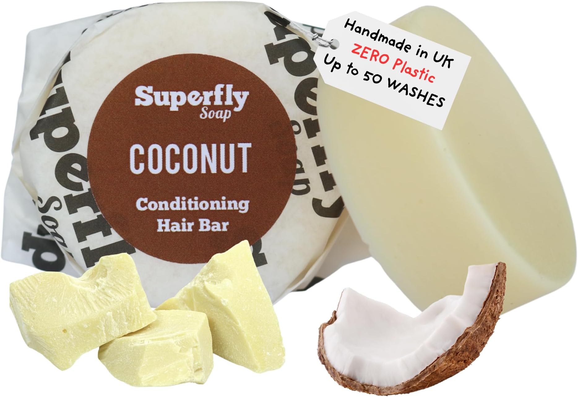 Hair Conditioner Bar by Superfly Soap, Coconut Fragrance. Natural, Vegan Ingredients. Plastic Free, Solid Conditioner Bar for Hair