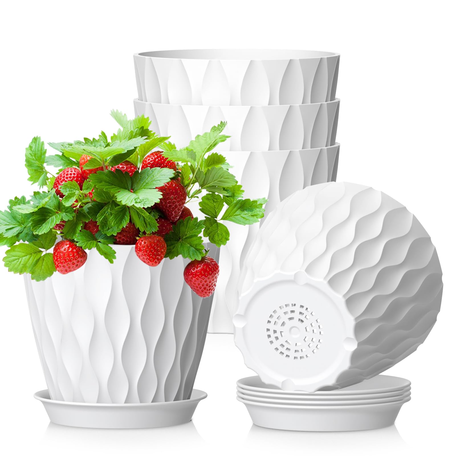 12.7 cm Indoor Plant Pot, 5 Pack Thick Plastic Flower Pots with Drainage Holes & Saucers, 3D Modern Wave Texture, Decorative Nursery Pots for Succulent, Cactus, Mint & Small House Plants, Black — view 14