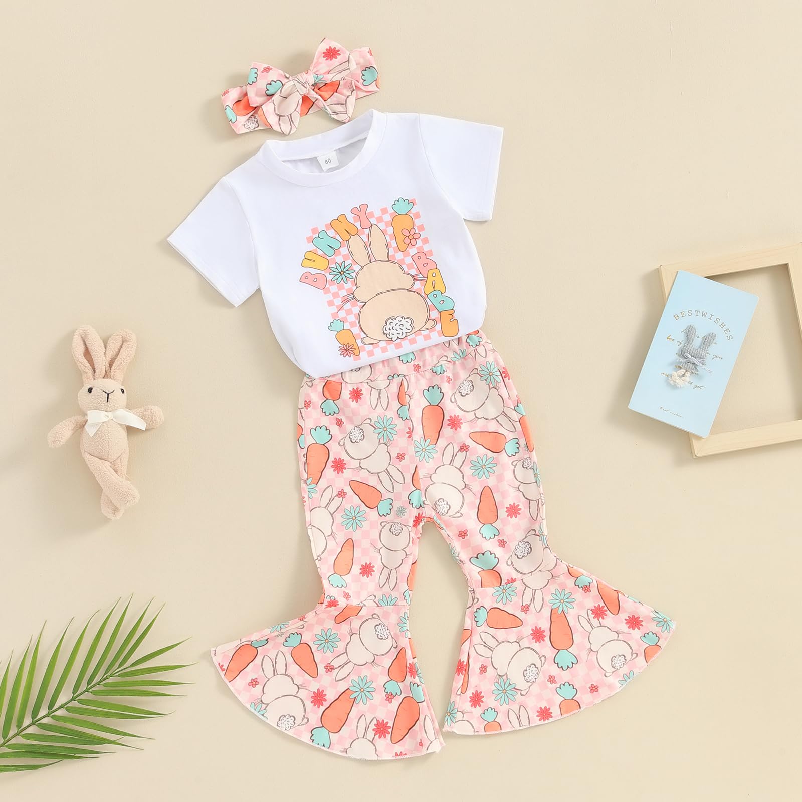 Hnyenmcko Toddler Baby Girl Easter Outfits Short Sleeve Letter Print T-Shirt Bunny Flared Pant Sets Summer Clothes Set (AB-White Orange, 18-24 Months)