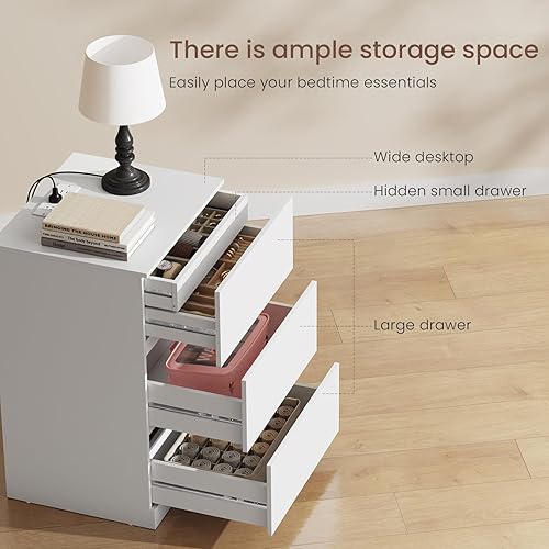 Miniatura 3 de Juego de 2 mesitas de noche, 26 pulgadas de alto con cajón oculto, mesita de noche con estación de carga, 4 cajones, mesita de noche moderna para