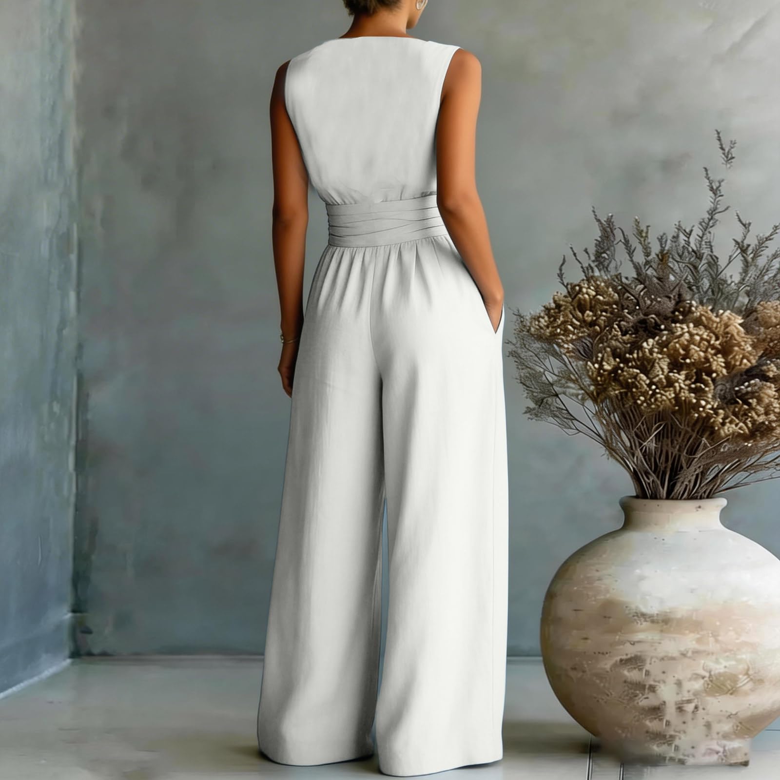 FUPODD Jumpsuit Damen Sommer Elegant Lang Tailliert Overall Festlich Hochzeit Romper Weites Bein Ärmellos Hosenanzug Hochzeitsgast Jumpsuits Frauen V Ausschnitt Buisness Playsuit Mit Tasche Onepiece