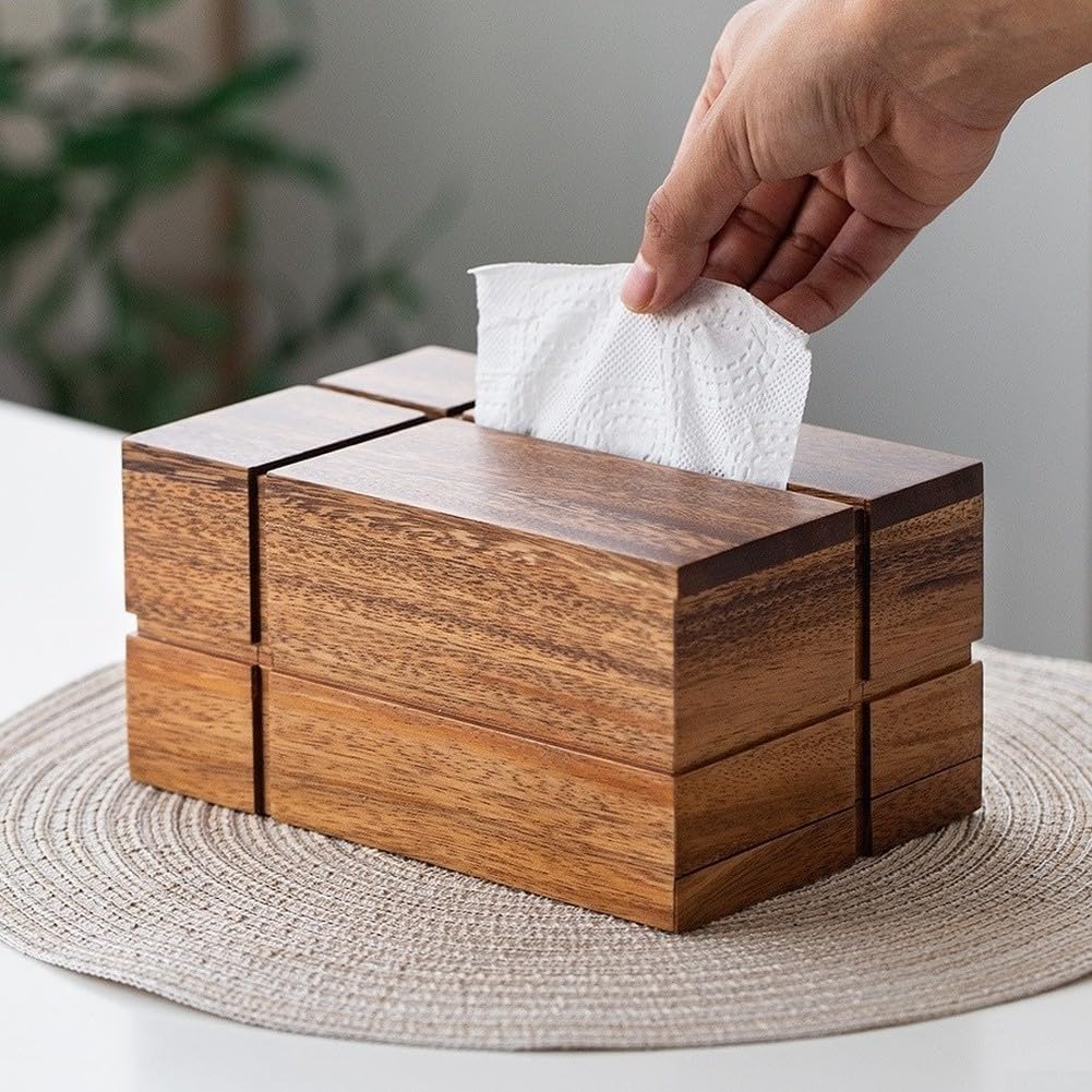 Porta fazzoletti in Legno di Noce con Decorazione a Croce, Coperchio a Scomparsa, Finitura con Olio vegetale per casa, Bagno e Auto.