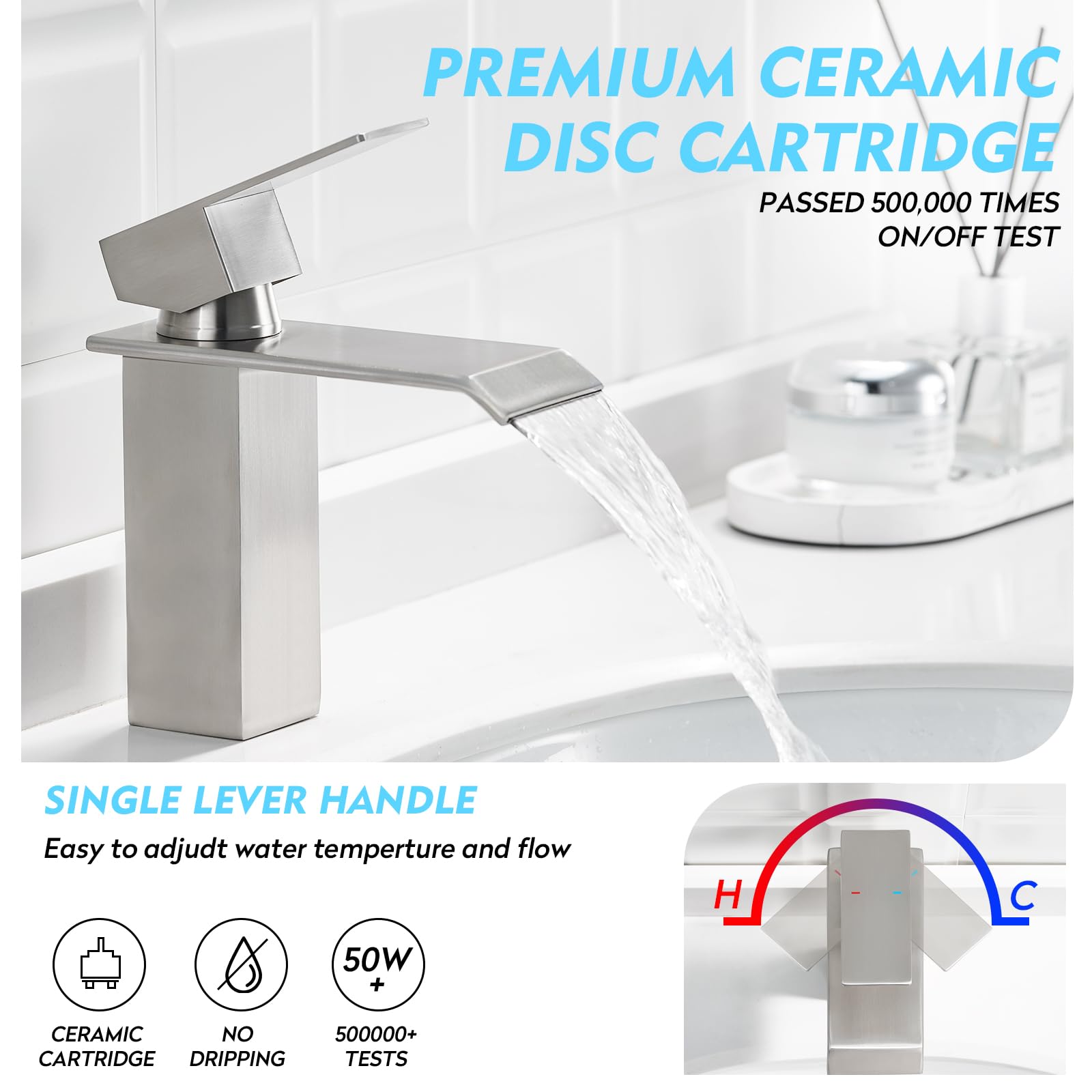 CREA Grifo de Baño Cascada Moderno, Monomando Lavabo Mezclador, Acero Inoxidable