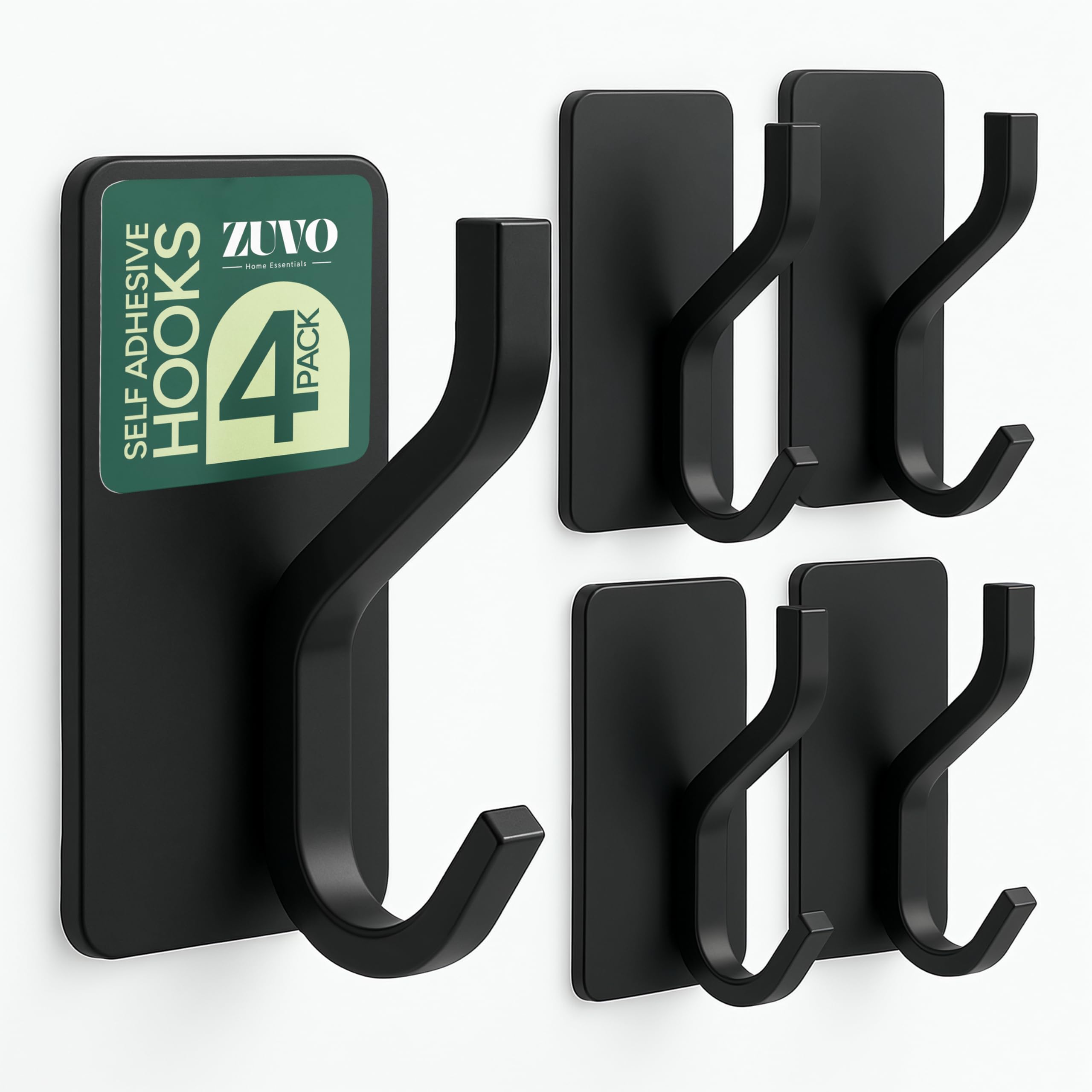 Zuvo Self Adhesive Hooks Black, 4 Pack – Heavy Duty Wall Hooks Hold up to 6kg – Waterproof No Drill Sticky Hooks for Bathroom, Kitchen, Door, Towel, Coat, Keys, Robes – Rustproof & Strong