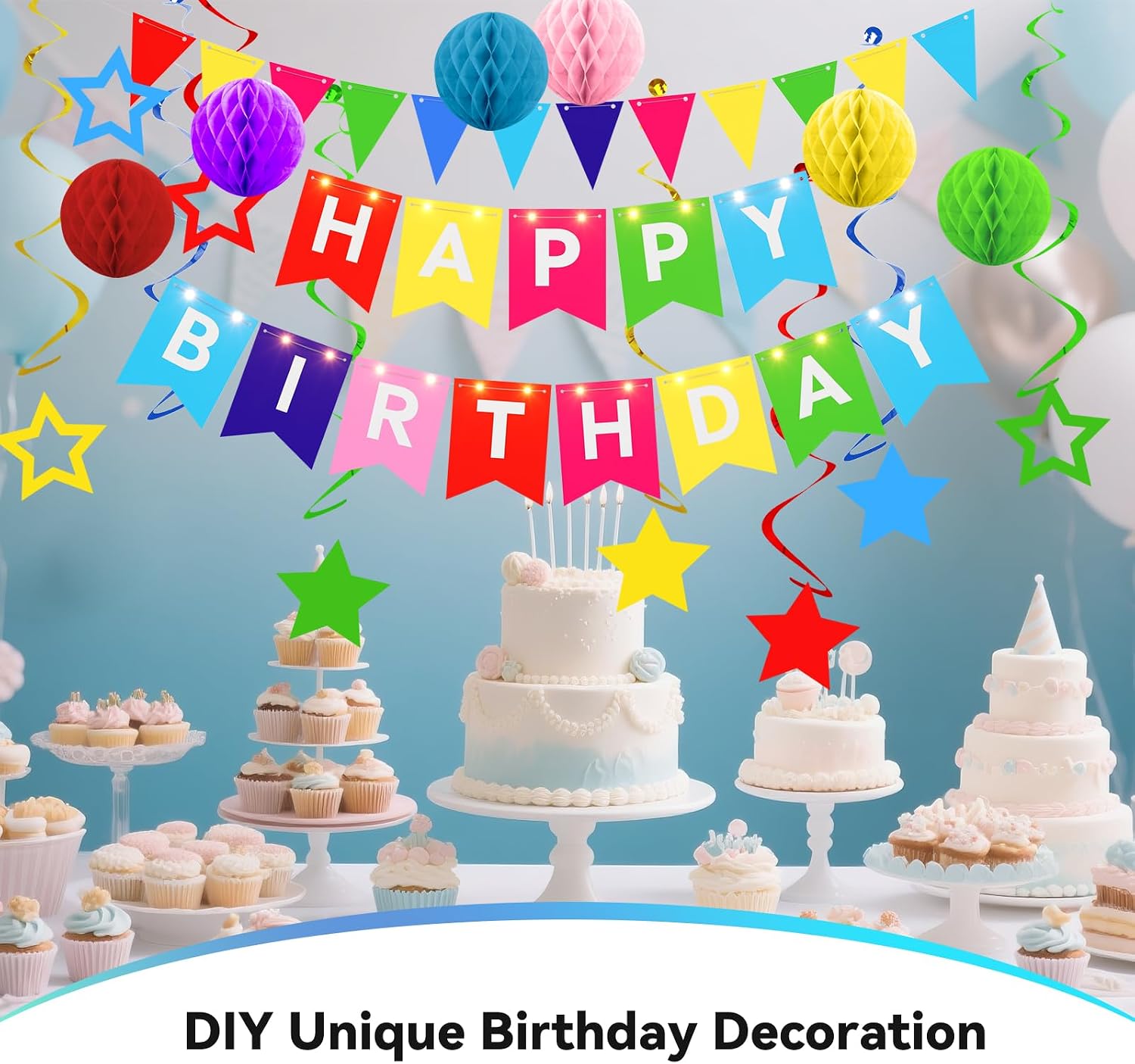 Birthday Decorations,Rainbow Happy Birthday Banner with Fairy lights,Pennant Banner,Honeycomb Balls and Star Hanging Swirls Streamer Happy Birthday Party Decorations for Women Men Boys Girls