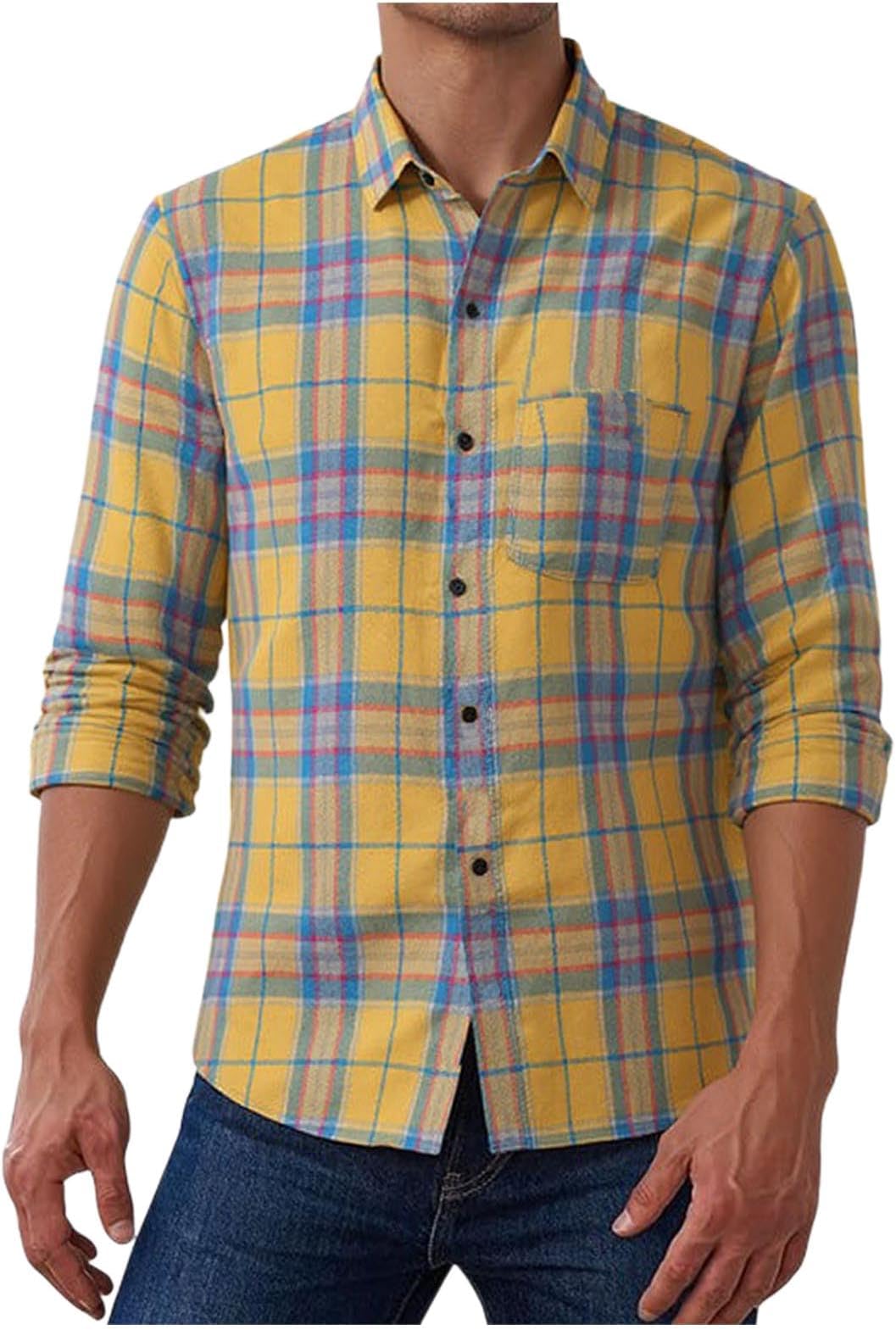 Men's Plaid Casual Slim Fit Long Sleeve Button Down Dress Shirts Plus Size Lightweight Wrinkle Free Shirt