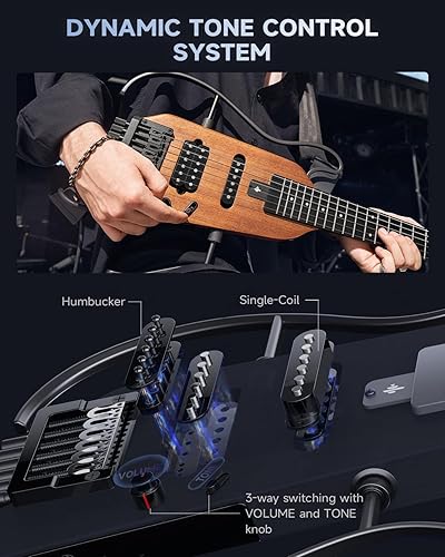 Miniatura 6 de Donner HUSH-X - Kit de guitarra eléctrica, guitarra sin cabeza ligera, ideal para viajes y práctica, cuerpo sólido de caoba con soportes fáciles de