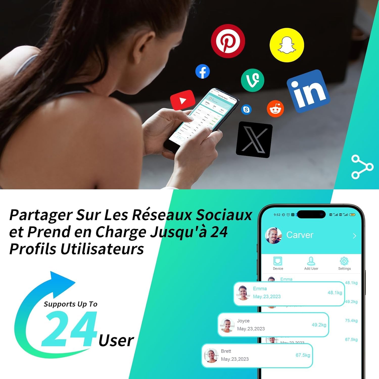 Balance Pèse Personne Connectée Impédancemètre Avec 8 Électrodes Haute Précision, 29 Données Corporelle Écran sur la Poignée Avec APP pour Andriod et iOS, Max. 180kg/400lb/28st, 30 * 35CM