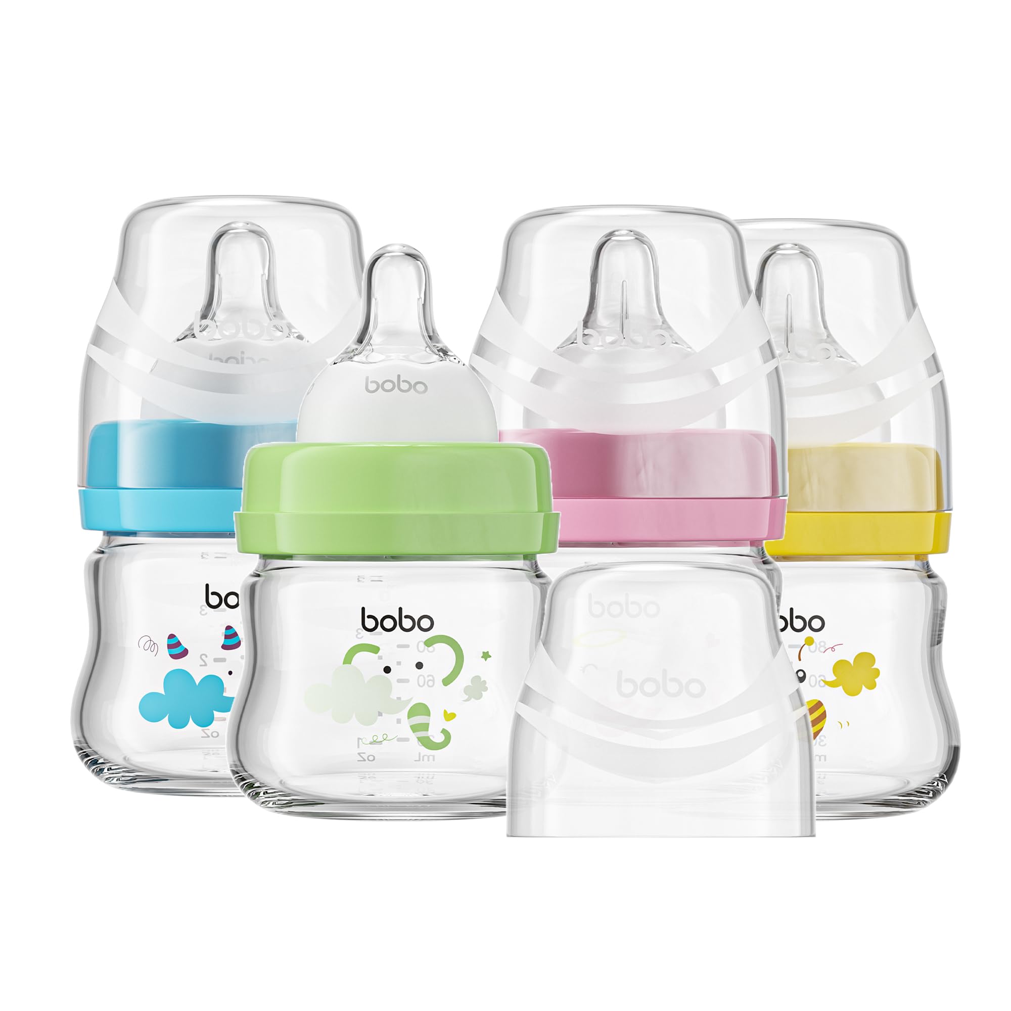 YOHKOH Glass Baby Bottles with Slow Flow Nipple, Newborn Anti-Colic Baby Bottles for 0+ Months, Wide Neck Feeding Bottle, Clear (Multicolour, 2.7oz (