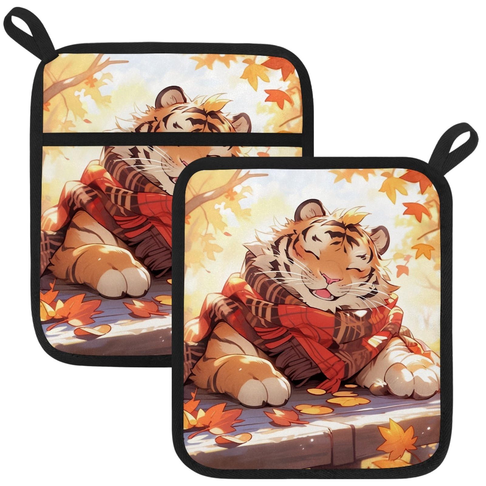 VAPOKF Autumn Tigers Pot Holders with Pocket for Kitchen Heat Resistant Potholders Large Polyester-Cotton Square Oven Mitts Set
