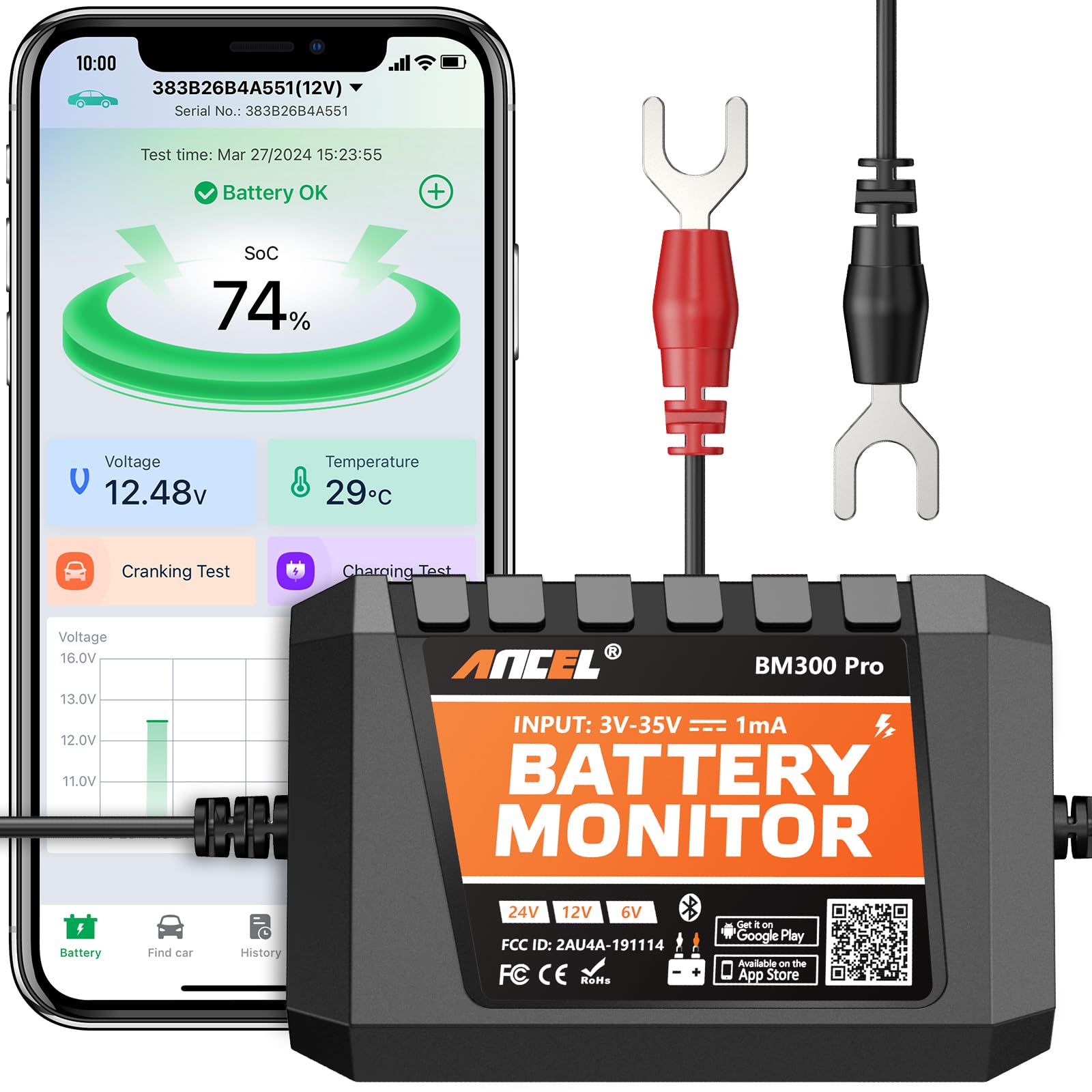 ANCEL BM Series 24V 12V 6V Battery Monitor - BM300 Pro Bluetooth 5.3 Battery Monitor with Charging, Cranking System Test & Alarm - IP67 Waterproof Voltmeter for Trucks, Cars, Motorcycles, BoatsGlobal Recycled StandardGlobal Recycled StandardGlobal Recycled Standard
