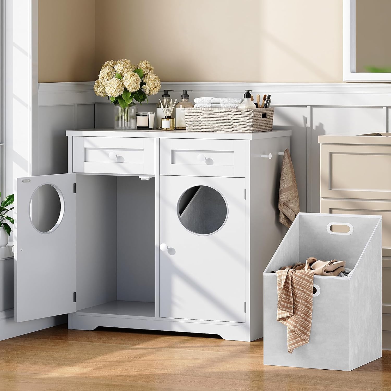 HOOBRO Double Laundry Hamper Cabinet, Hidden Laundry Cabinet with 2 Drawers & 2 Baskets, 20 Gallon Farmhouse Bathroom Laundry Hamper with 2 Clothes-Toss Holes, White WT36XY01