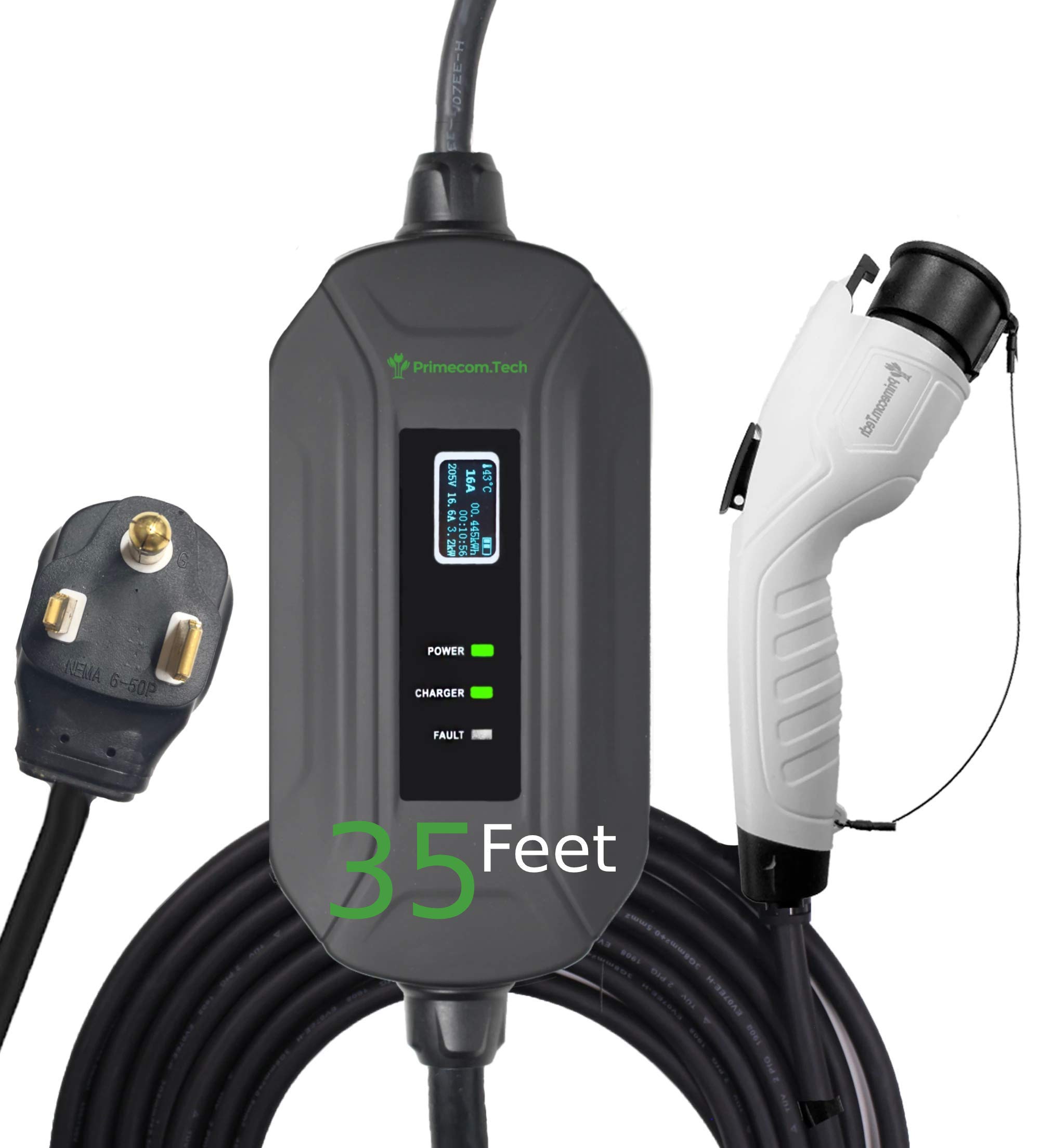 PRIMECOM Level 2 Electric Vehicle (EV) Charger (220V / 240Volt, 16Amp) Portable EVSE Smart Electric Car Charger, 30', 40', and 50 Feet Lengths (NEMA 6-50P, 35 Feet)